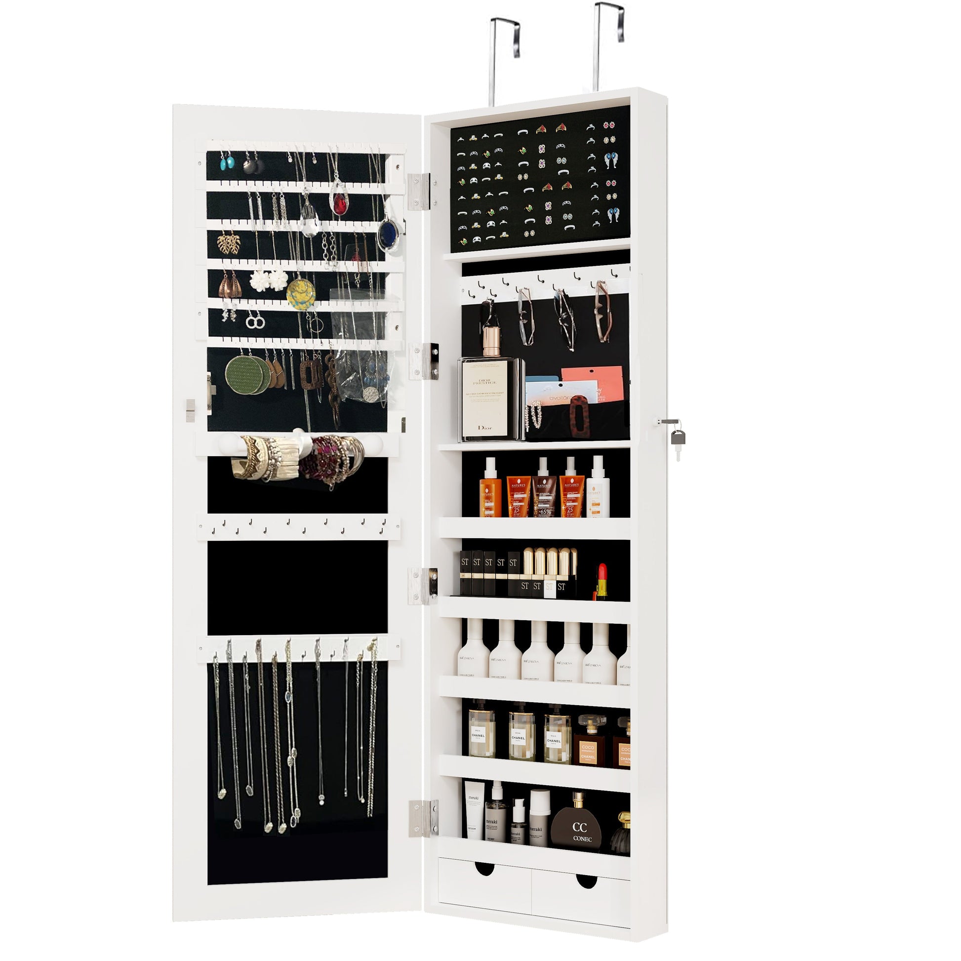 Mirror jewelry cabinet, 47.2-inch large capacity lockable jewelry organizer, wall mounted mirror, with white jewelry storage - Korvel