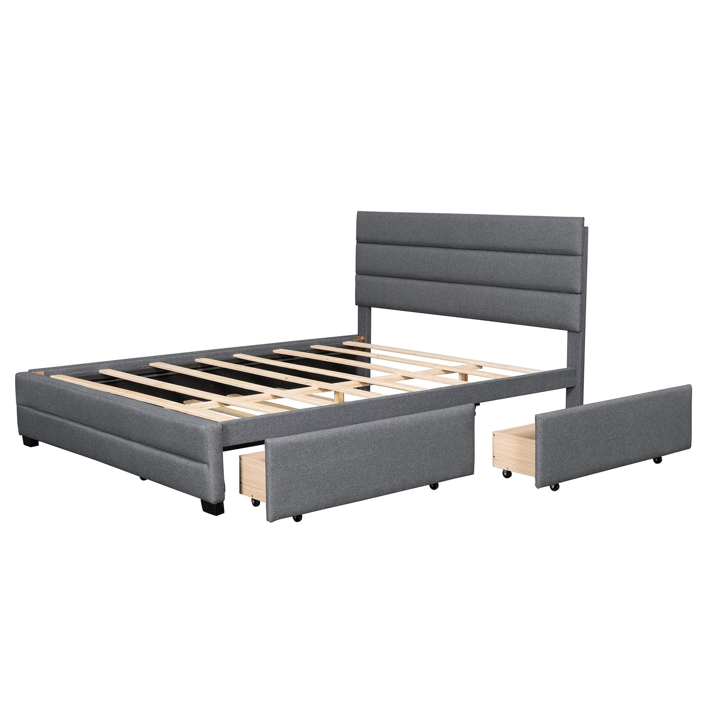 Queen Upholstered Platform Bed with Twin Size Trundle and Two Drawers Grey - Korvel