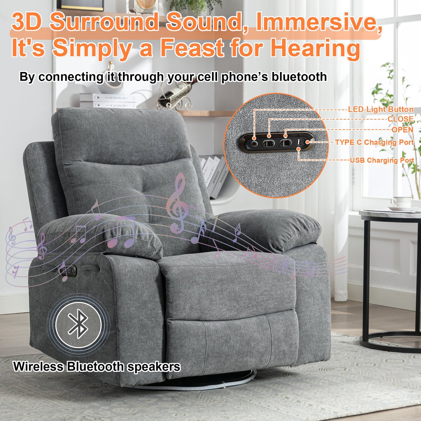 270 degree rotating electric recliner speaker with LED light, USB+C charging port, extendable foot pedal, adjustable backrest - Korvel