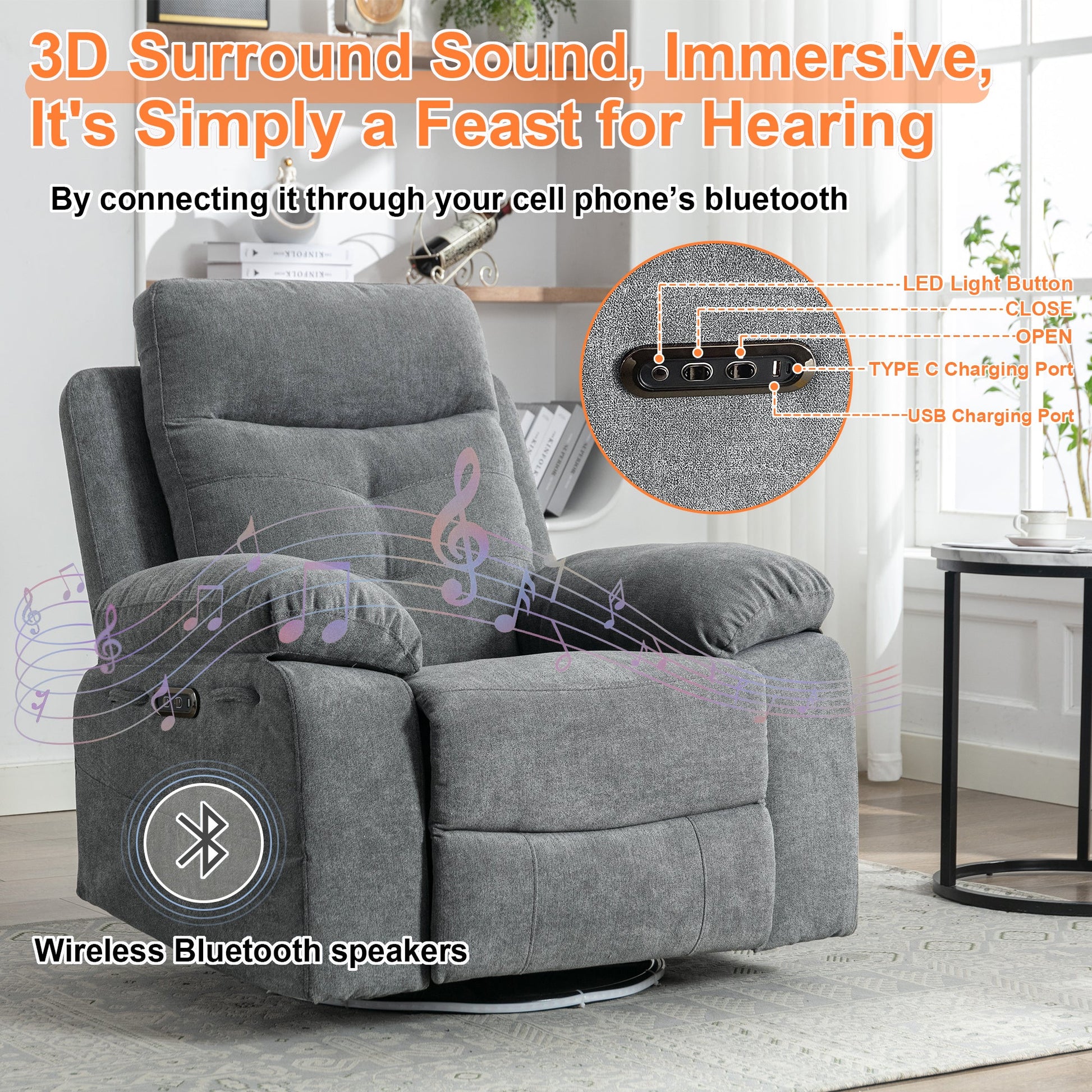 270 degree rotating electric recliner speaker with LED light, USB+C charging port, extendable foot pedal, adjustable backrest - Korvel