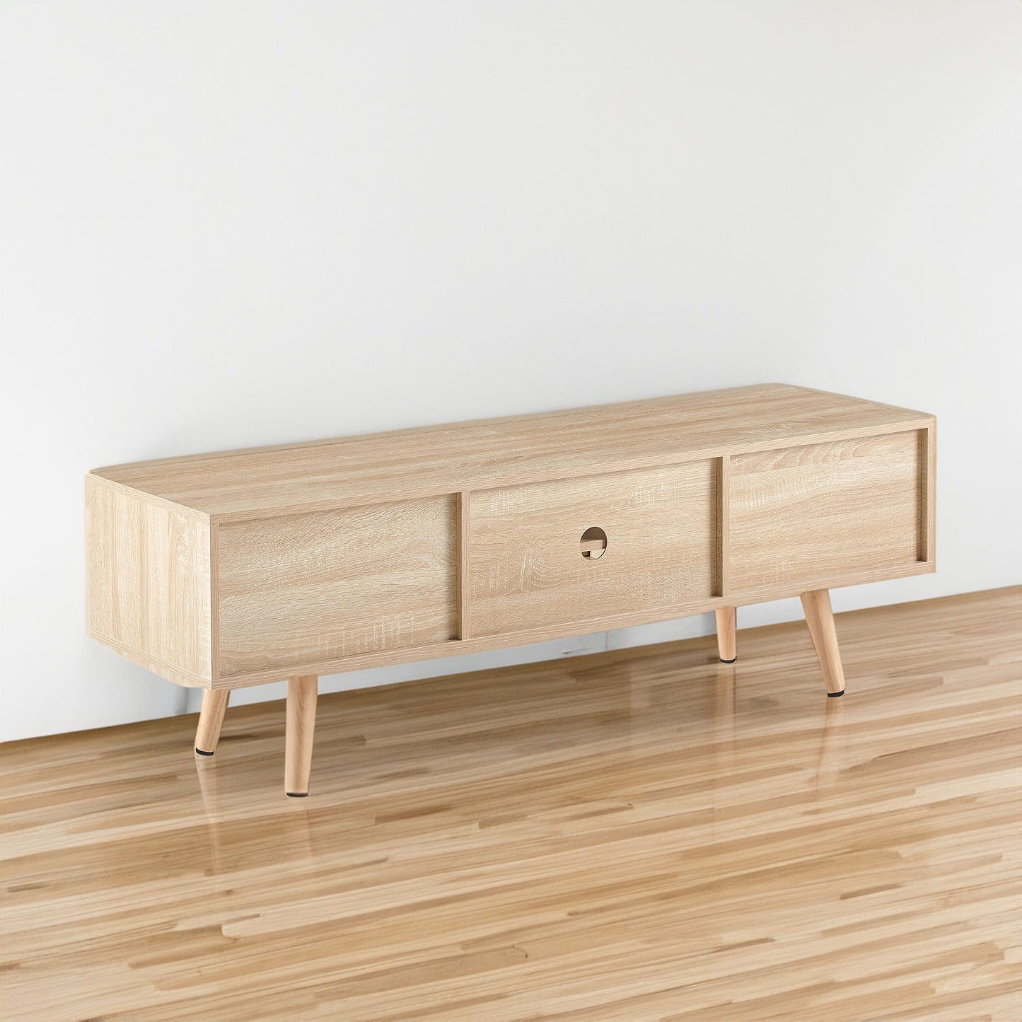 55.12" Rattan TV cabinet double sliding doors for storage adjustable shelf solid wood legs TV console for living room natural - Korvel