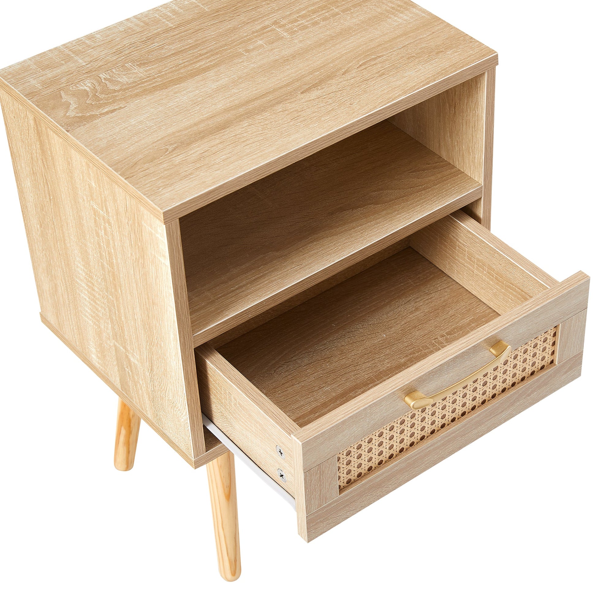15.75" Rattan End table with drawer and solid wood legs Modern nightstand side table for living room natural - Korvel