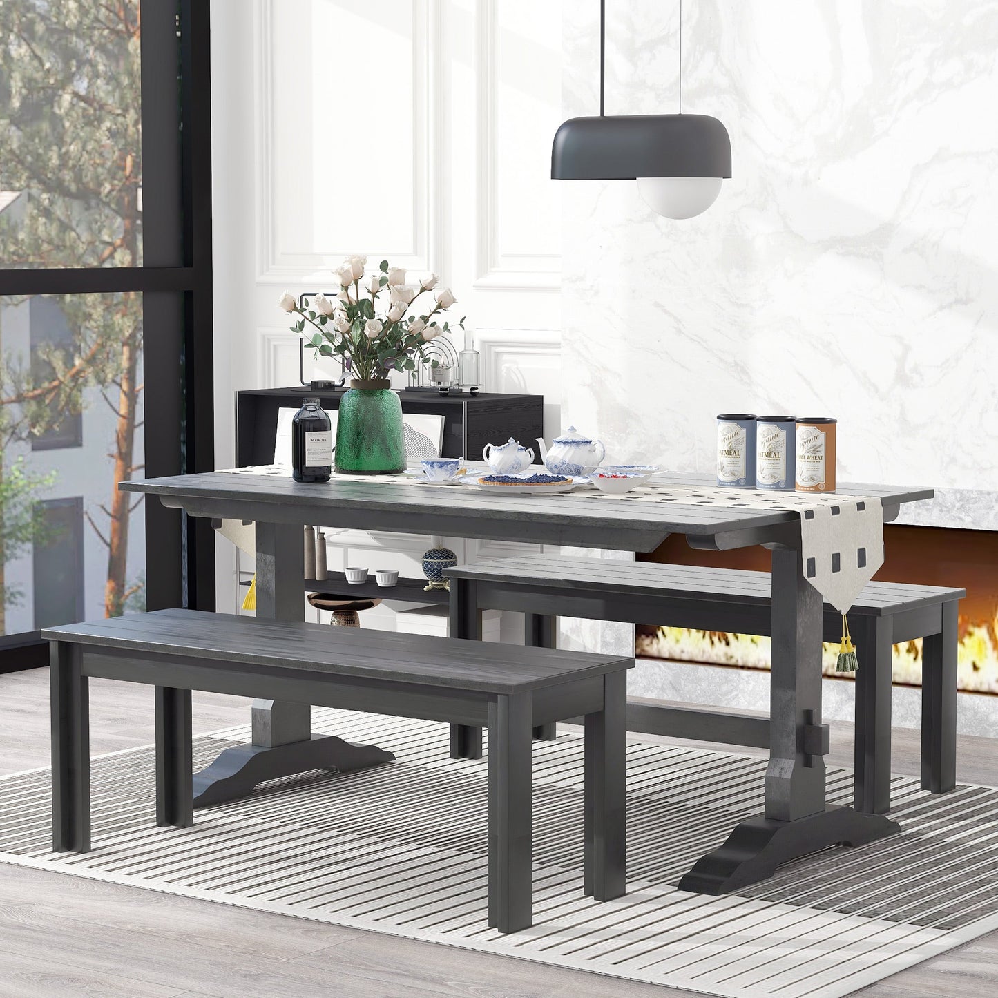 TREXM 3-piece retro cutlery set, rectangular stand table, and 2 wooden stools for 4 people (gray) - Korvel
