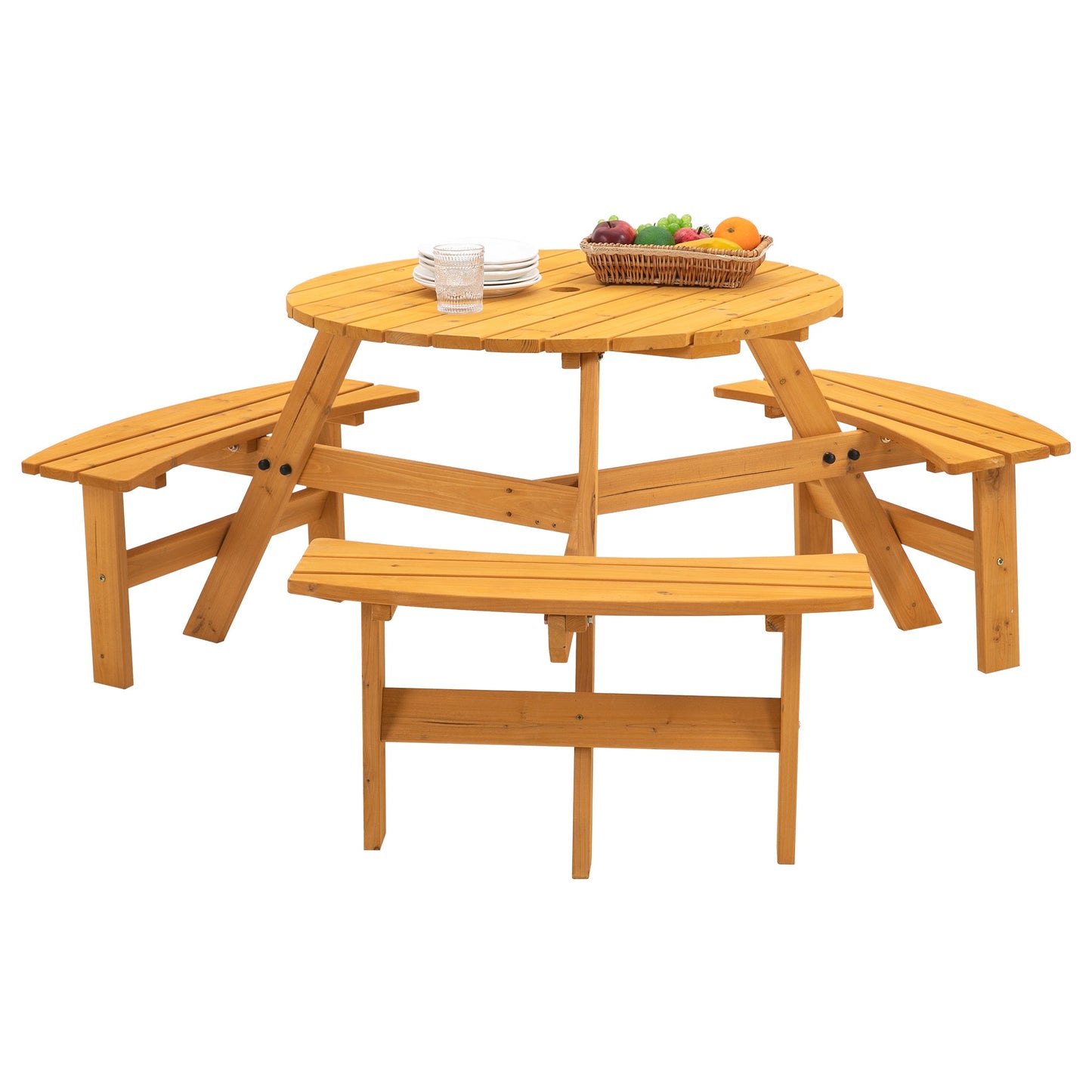 6-Person Circular Outdoor Wooden Picnic Table for Patio, Backyard, Garden, DIY w/ 3 Built-in Benches, 1720lb Capacity - Natural - Korvel