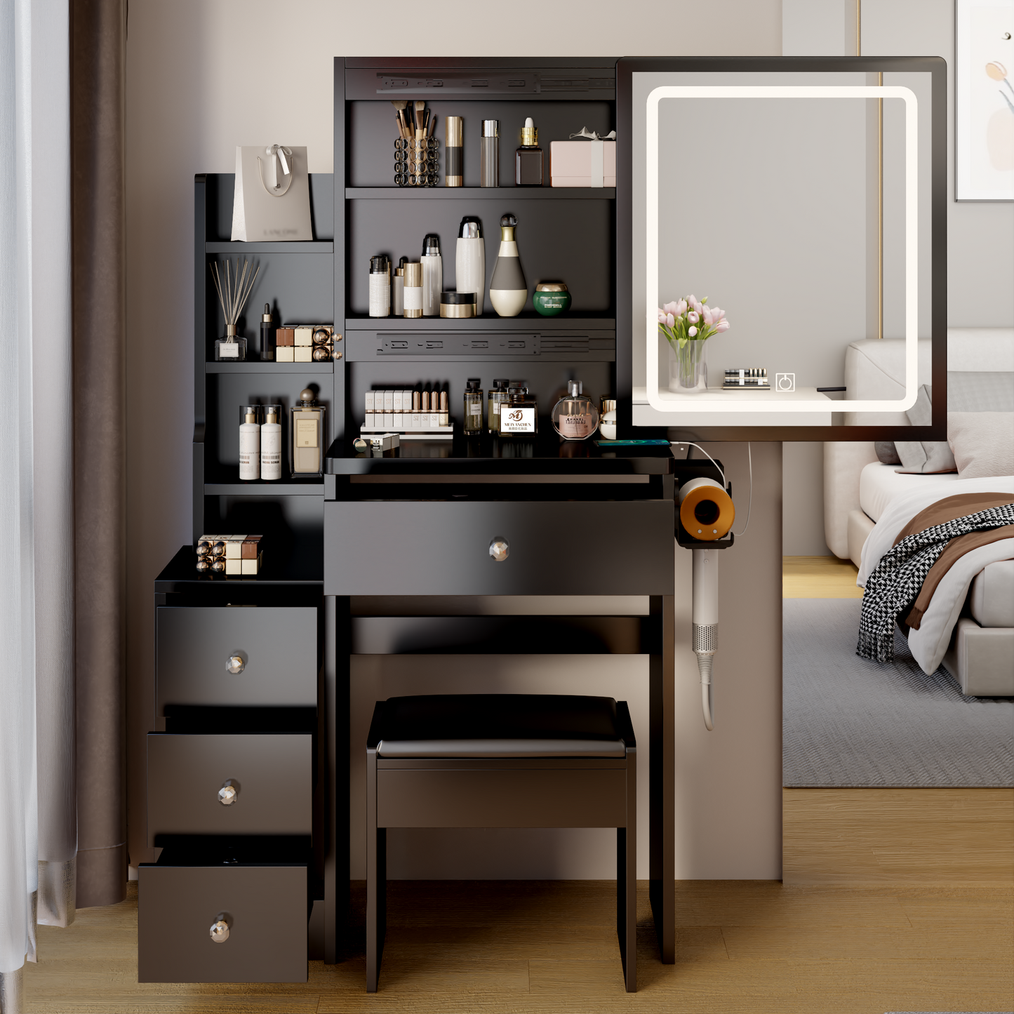 Elegant Dressing Table with Cushioned Stool and LED Mirror