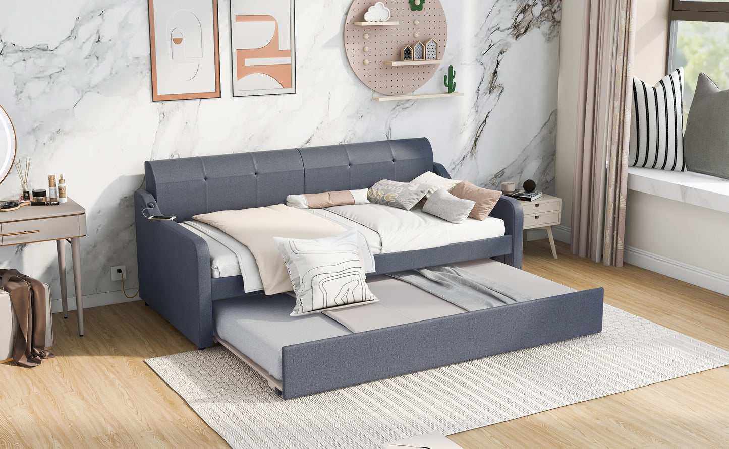 Twin Size Upholstery Daybed with Trundle & USB Charging - Gray