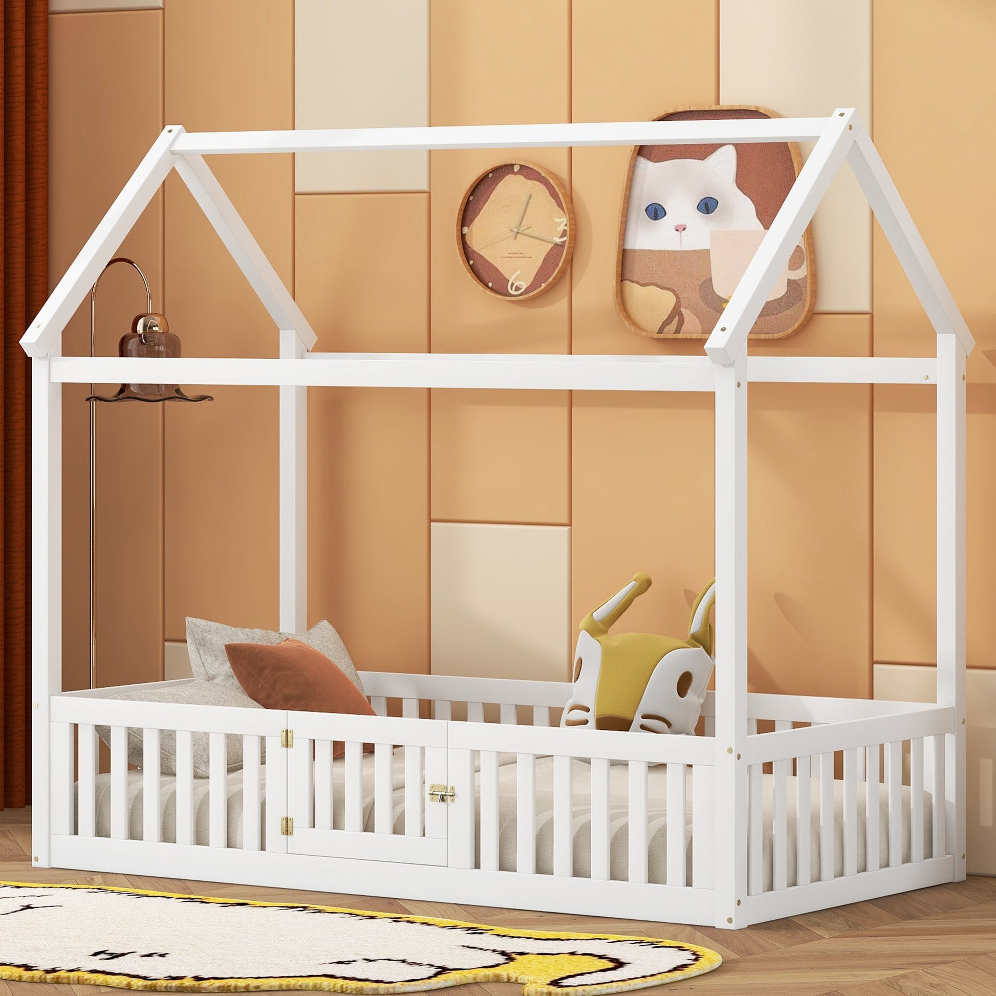 Twin Size Wood House Bed with Fence and Door, White - Korvel