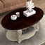 42 inch oval wooden coffee table, 2-story solid wood cocktail table with open storage rack, antique white and cherry tabletop - Korvel