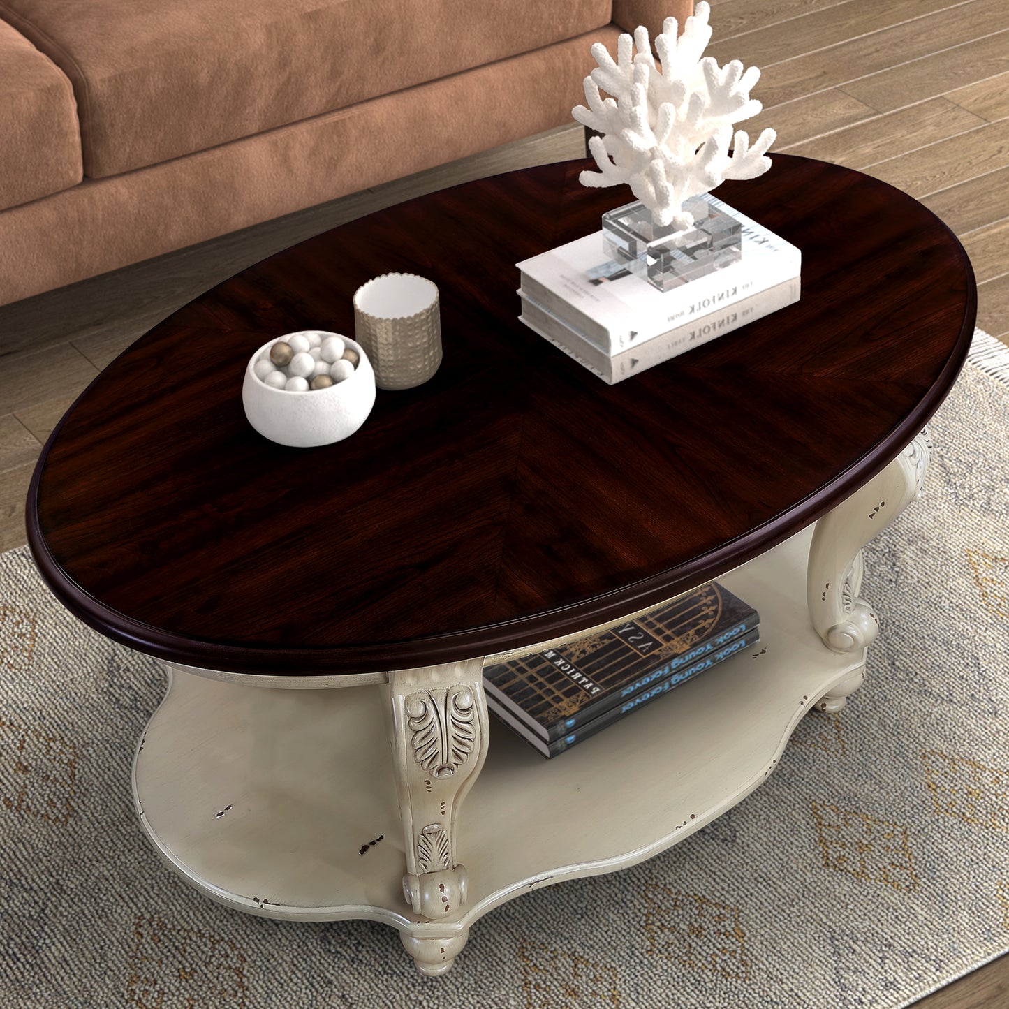 42 inch oval wooden coffee table, 2-story solid wood cocktail table with open storage rack, antique white and cherry tabletop - Korvel