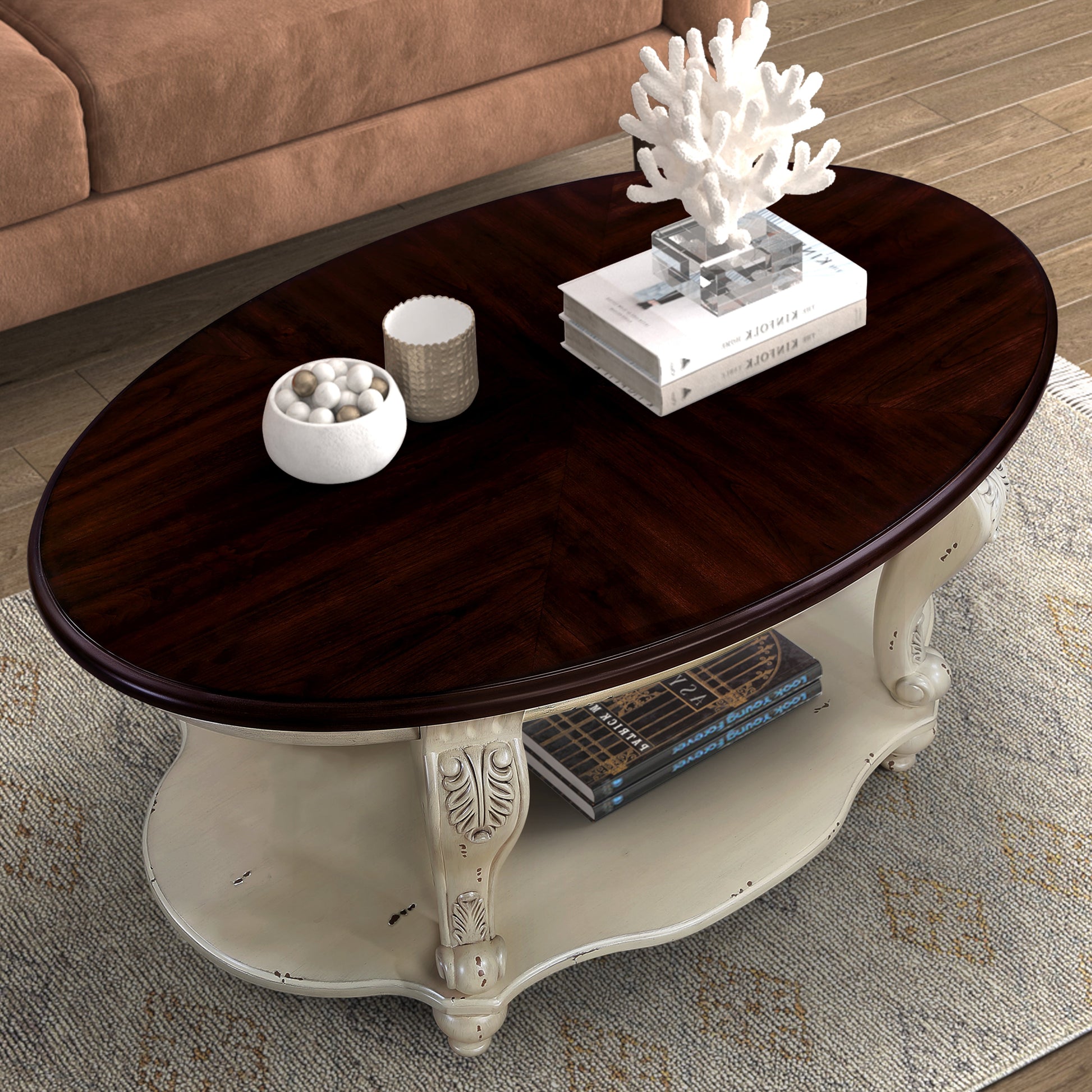 42 inch oval wooden coffee table, 2-story solid wood cocktail table with open storage rack, antique white and cherry tabletop - Korvel