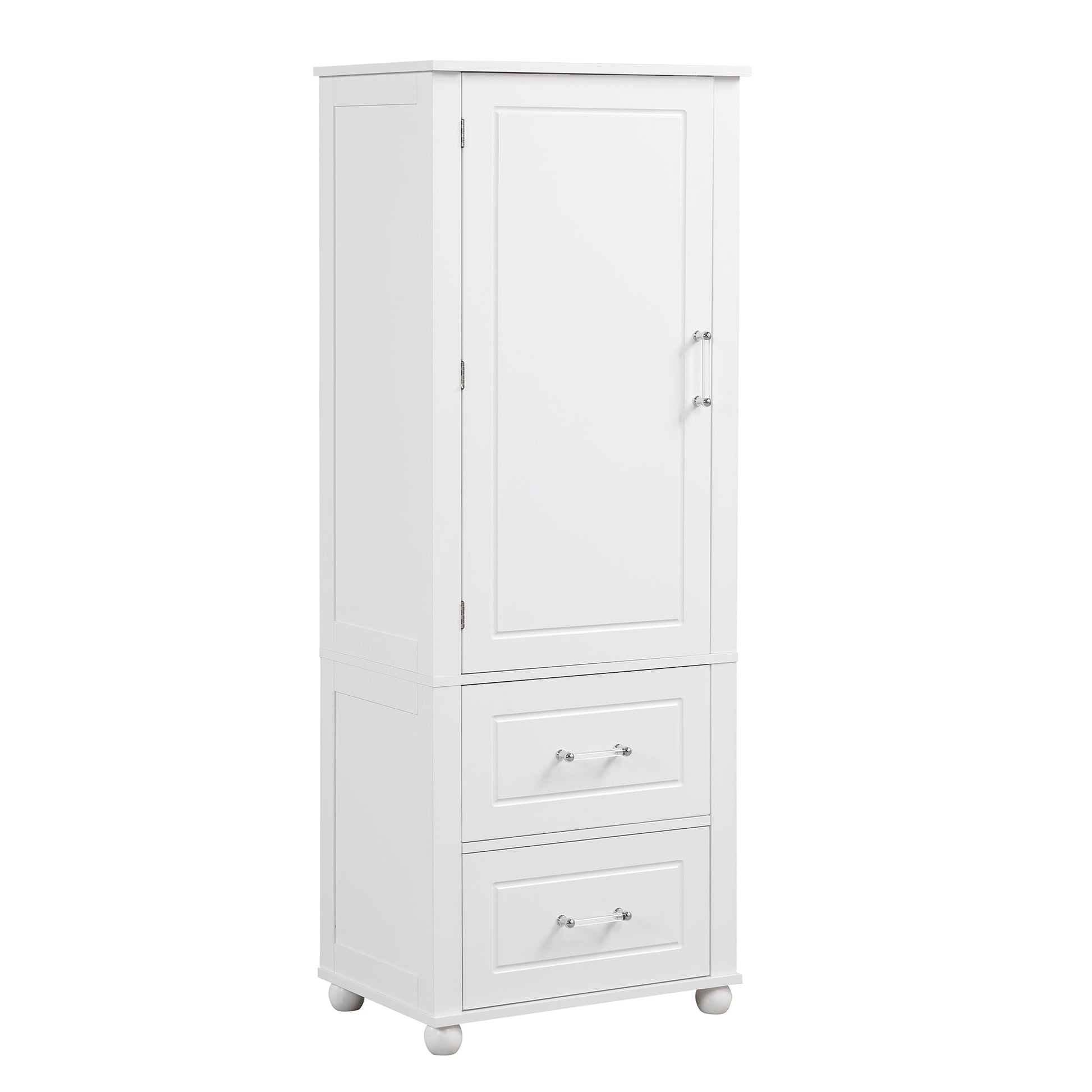 Tall bathroom storage cabinet with two drawers and adjustable shelves for independent storage - Korvel