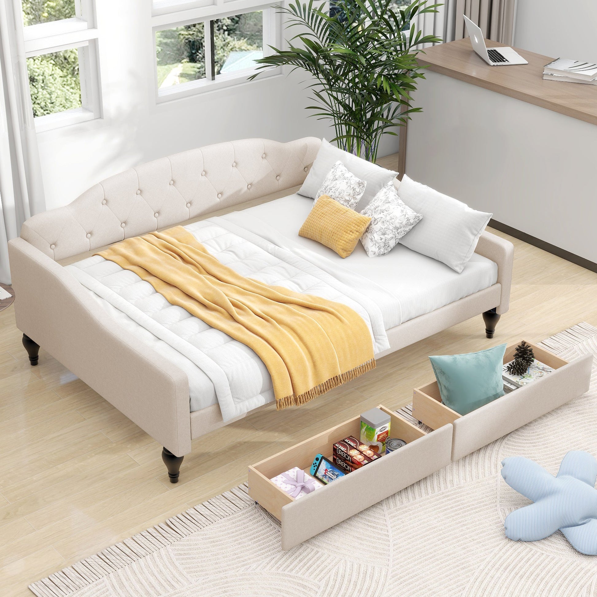 Full Size Upholstered Tufted Daybed with Two Drawers, Beige - Korvel