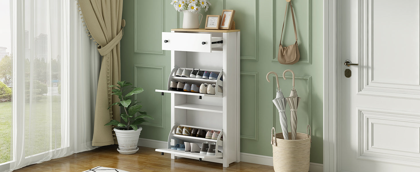 ONTREND with 2 flip drawers, top shoe cabinet with drawers, independent shoe rack with adjustable panel, white - Korvel