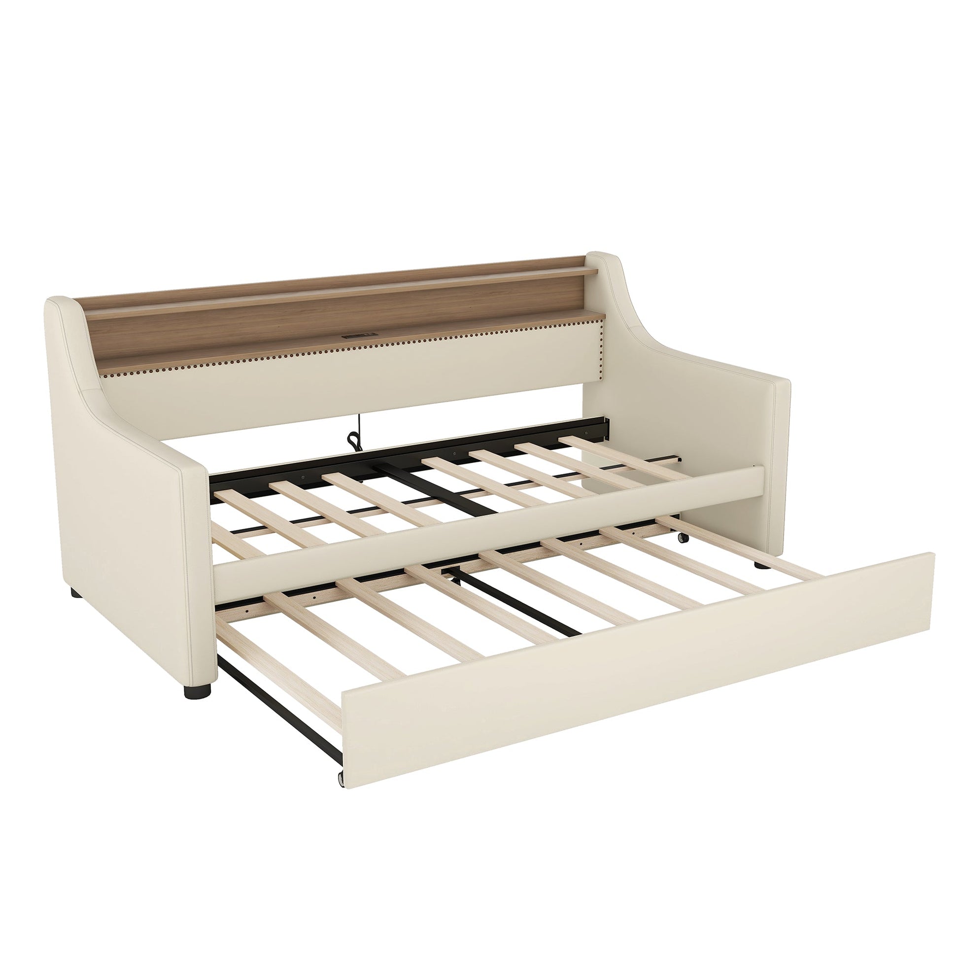 Twin Size Daybed with Trundle, Upholstered Daybed with Charging Station and LED Lights, Beige - Korvel