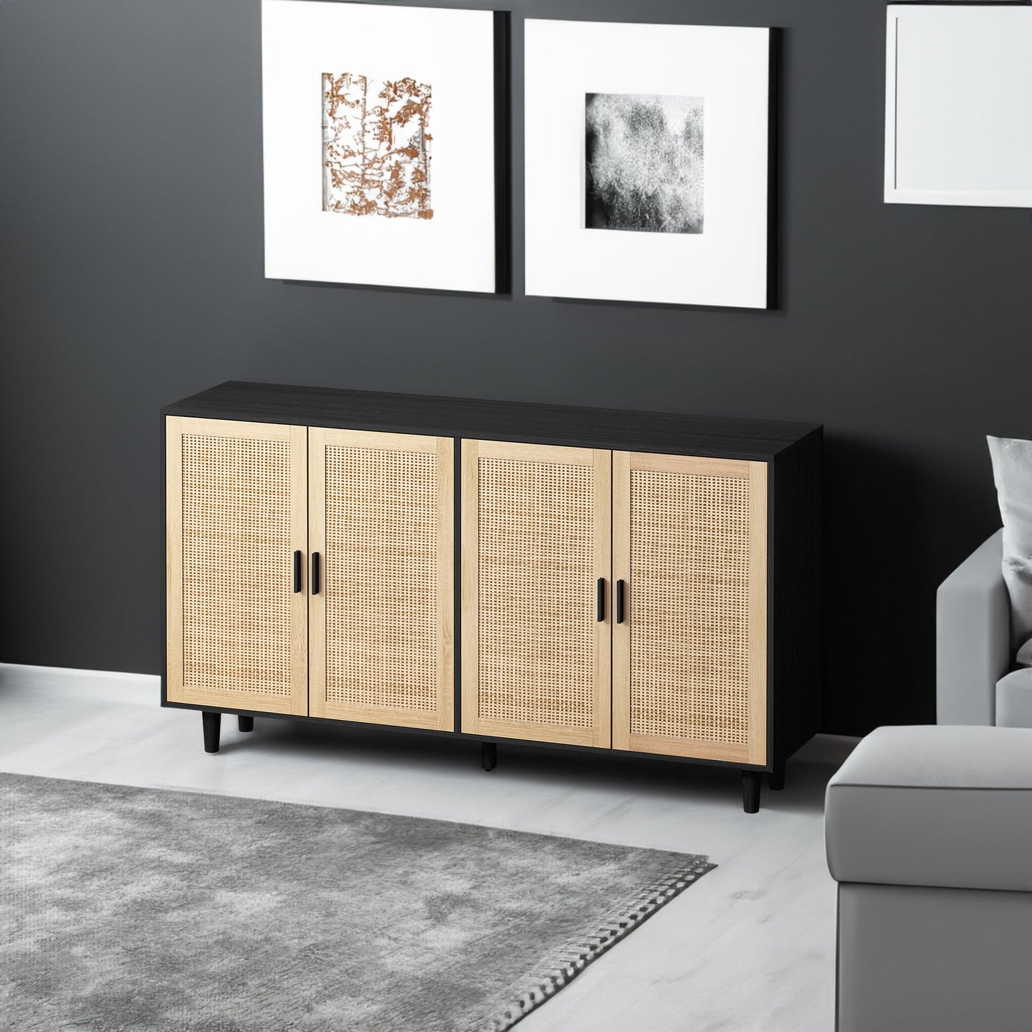 62.20"Elegant and Functional 4-Door Rattan Decorative Storage Cabinet,for Bedroom,Living Room,Office,Easy Assembly,Black - Korvel