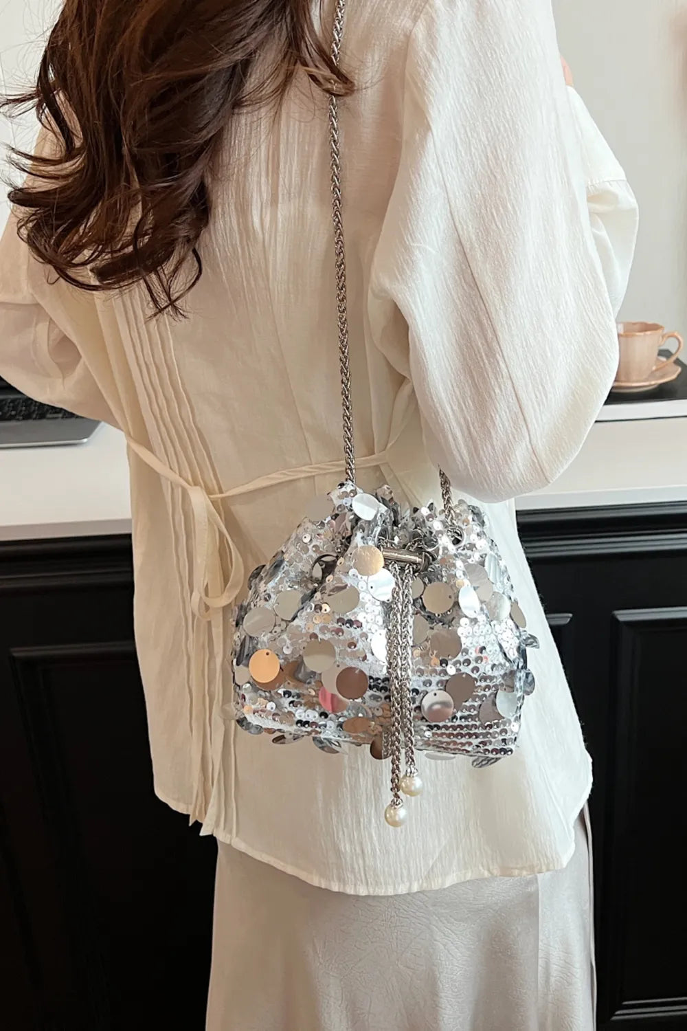 Drawstring Sequin Crossbody Bag - Korvel
