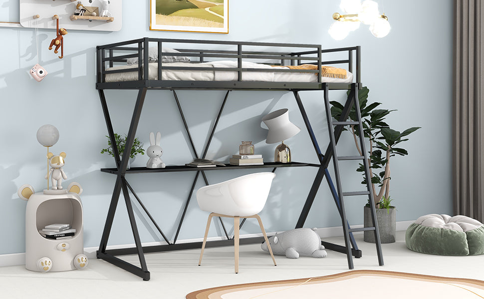 Premium Twin Size Loft Bed with Desk and Guardrails - Black