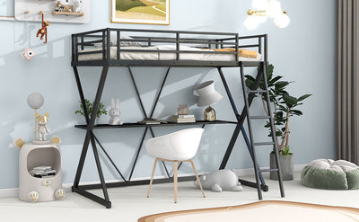 Premium Twin Size Loft Bed with Desk and Guardrails - Black