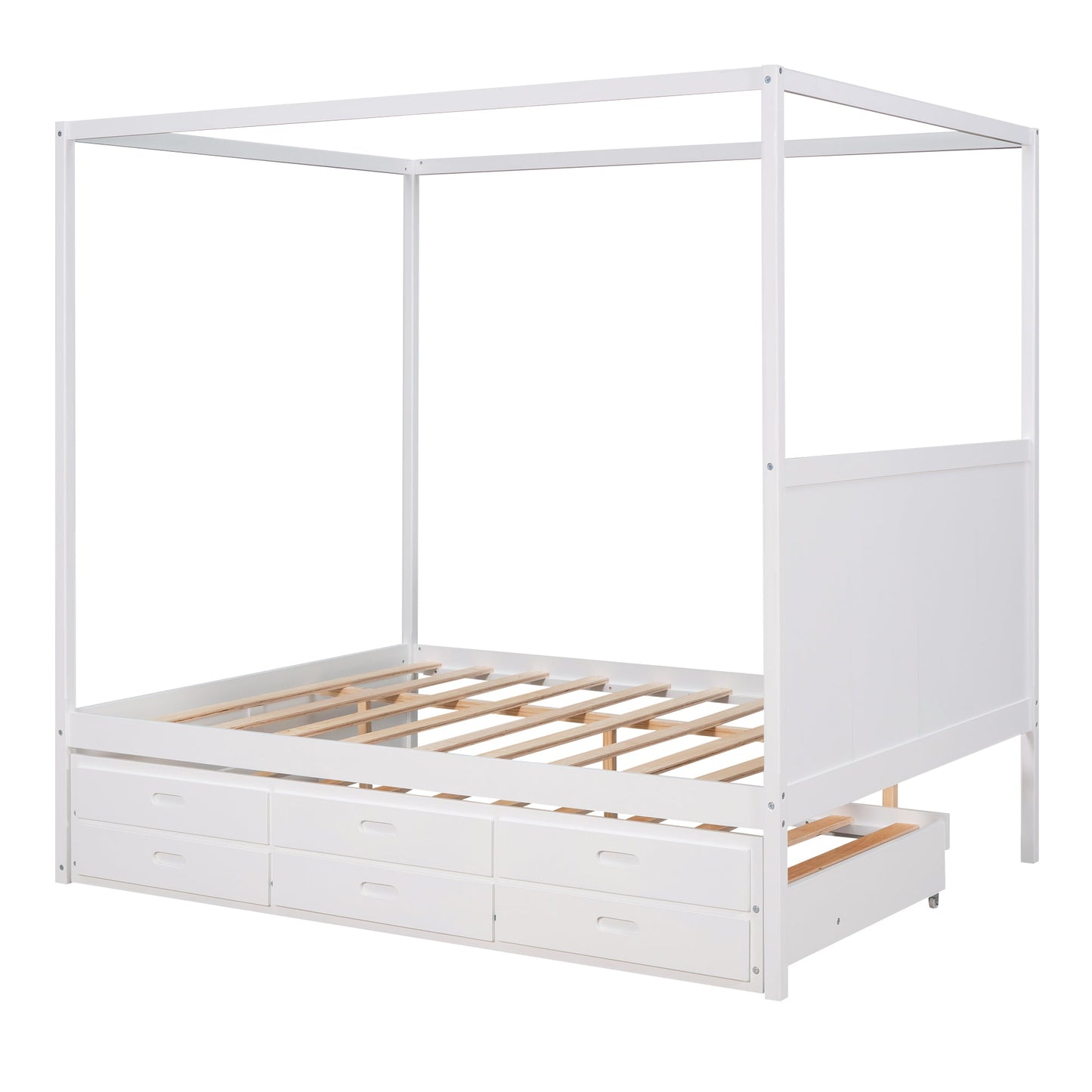 Elegant Queen Size Canopy Platform Bed with Trundle & Storage
