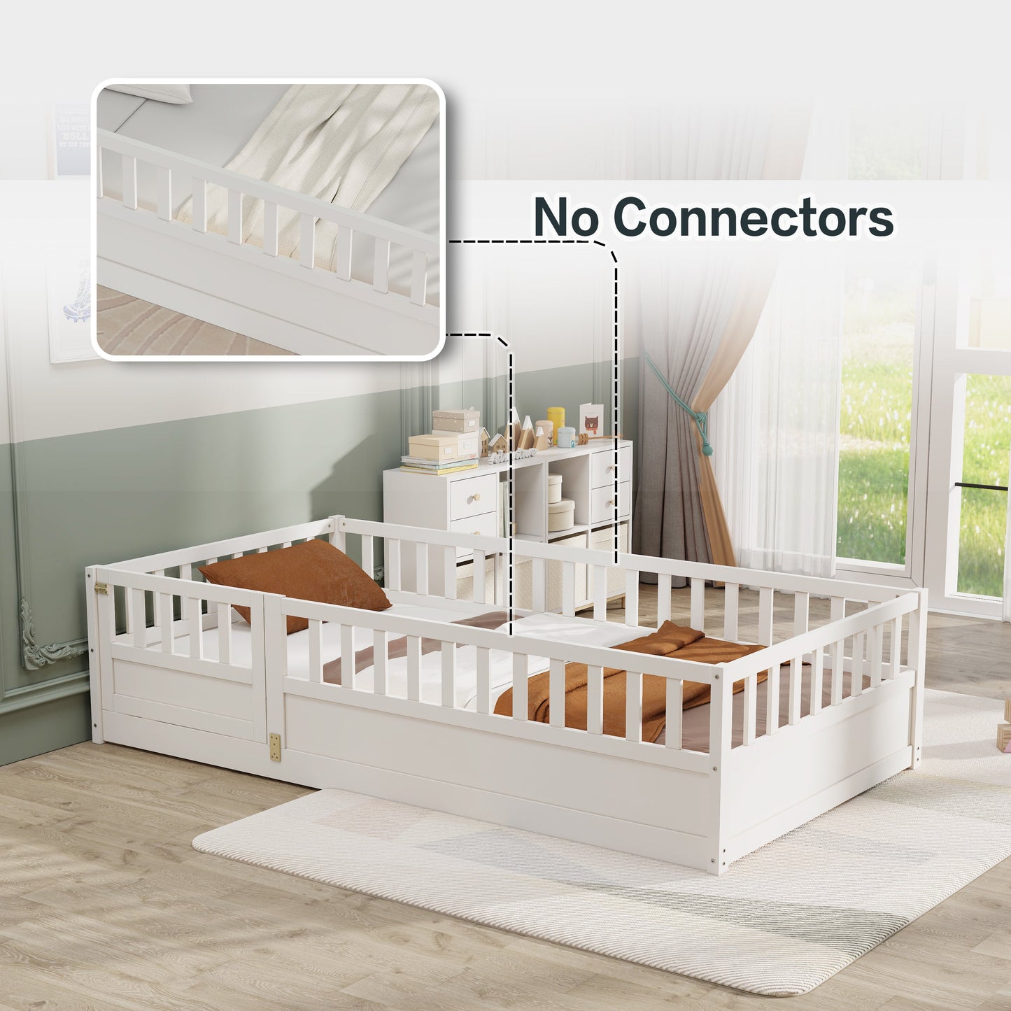 Double bed floor standing bed with ultra-high safety barrier, children's floor standing bed frame, Montessori wooden white - Korvel