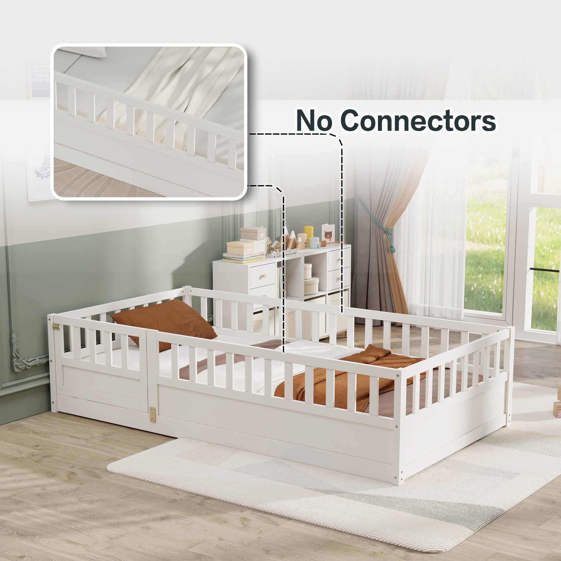 Double bed floor standing bed with ultra-high safety barrier, children's floor standing bed frame, Montessori wooden white - Korvel