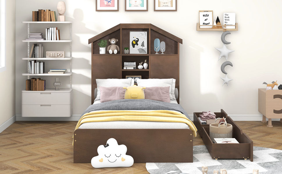Twin Size Wood Platform Bed with House-shaped Storage Headboard and 2 Drawers Walnut - Korvel