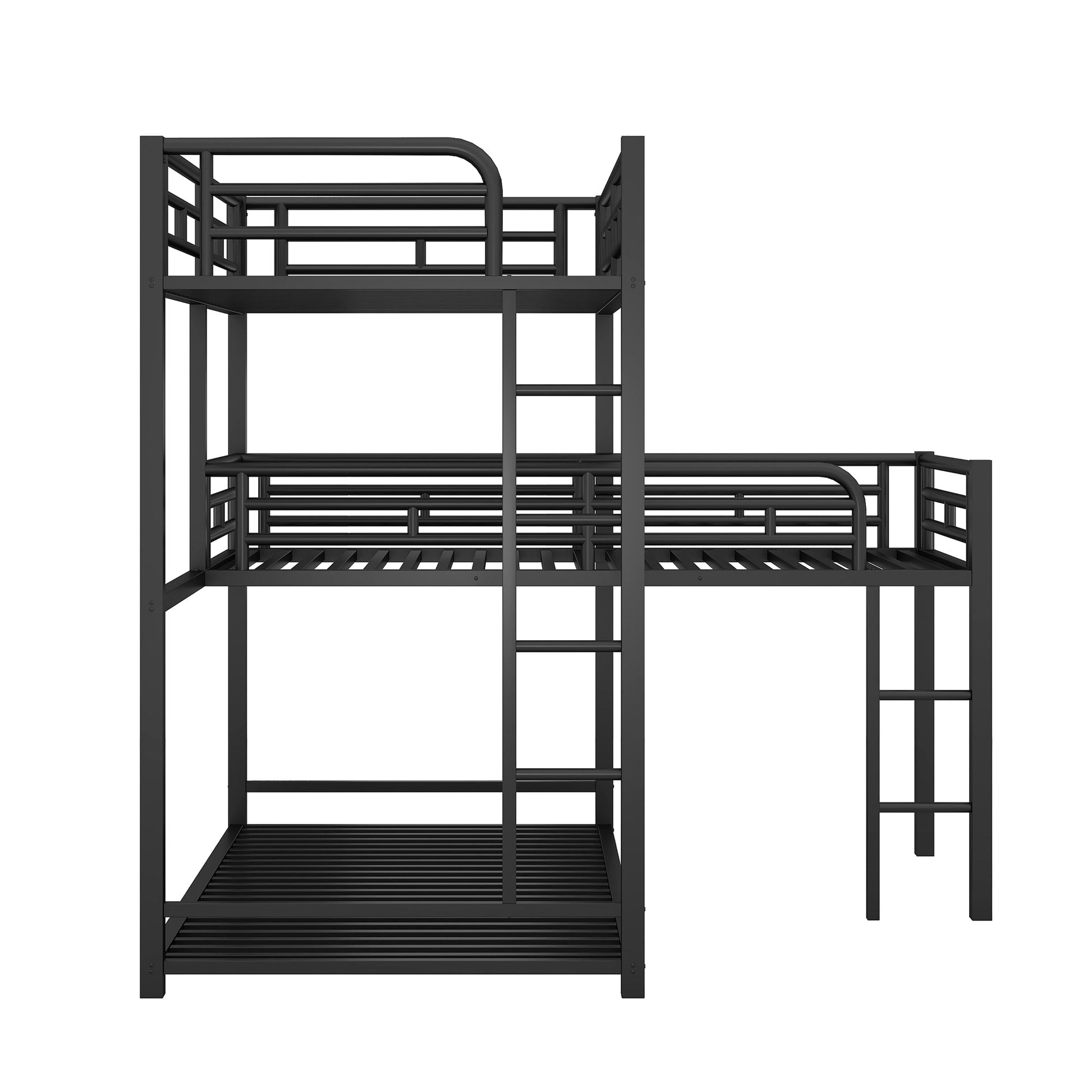 L-shaped Metal Triple Twin Size Bunk Bed, Black - Korvel