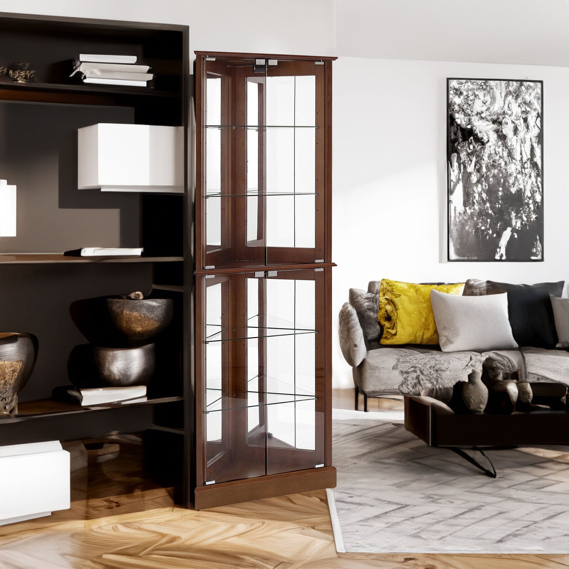 Corner Curio Dispaly Cabinet with Lights, Adjustable Tempered Glass Shelves, Mirrored Back,Walnut(E26 light bulb not included) - Korvel