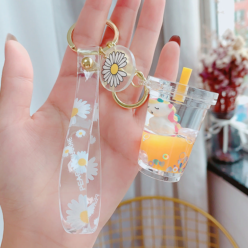 Glitter Quicksand Key Chain Liquid Floating Unicorn Keyring Keychain Bag Charm Milk Tea Cup Pendant Keyfob Gift for Women - Korvel