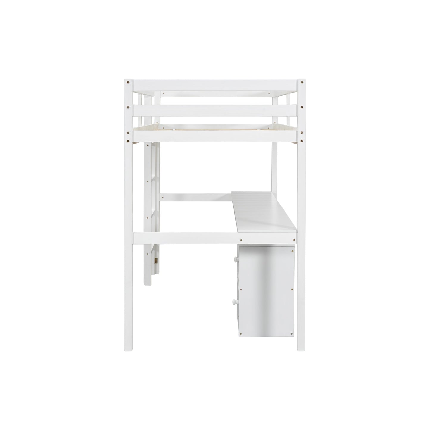 Twin Loft Wood Bed with Under-bed, Built-in Desk, a Storage Cabinet of 2 Drawers, Guardrails, Ladder,White - Korvel