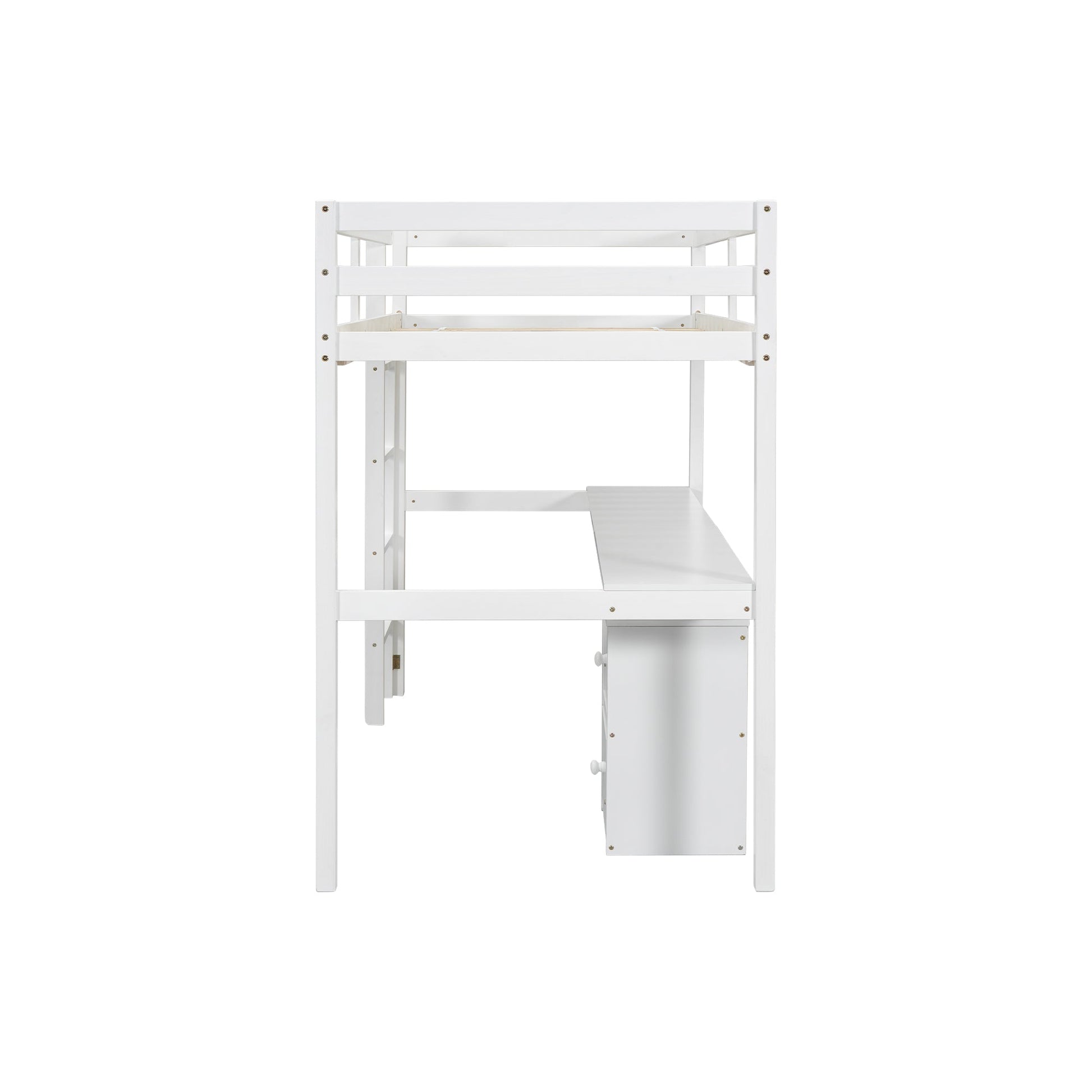 Twin Loft Wood Bed with Under-bed, Built-in Desk, a Storage Cabinet of 2 Drawers, Guardrails, Ladder,White - Korvel