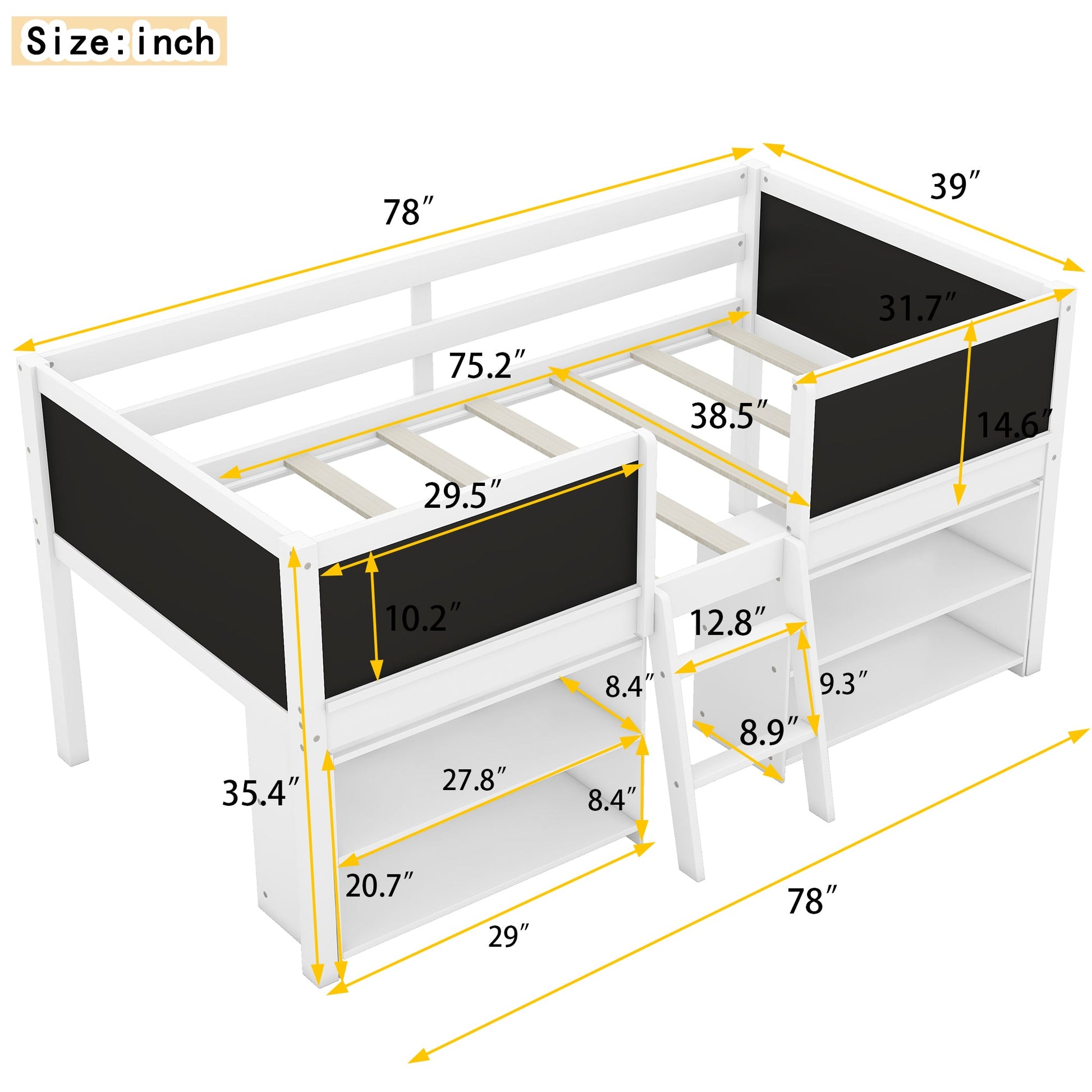 Twin Size Low Loft Bed with Two Movable Shelves and Ladder,with Decorative Guardrail Chalkboard,White - Korvel