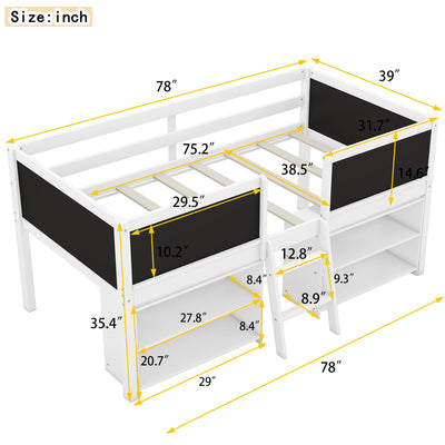 Twin Size Low Loft Bed with Two Movable Shelves and Ladder,with Decorative Guardrail Chalkboard,White - Korvel