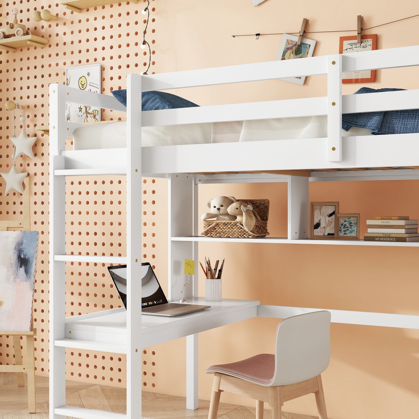 Twin Loft Bed with built-in desk and bookcase of three compartments, Guardrails and Ladder,White - Korvel