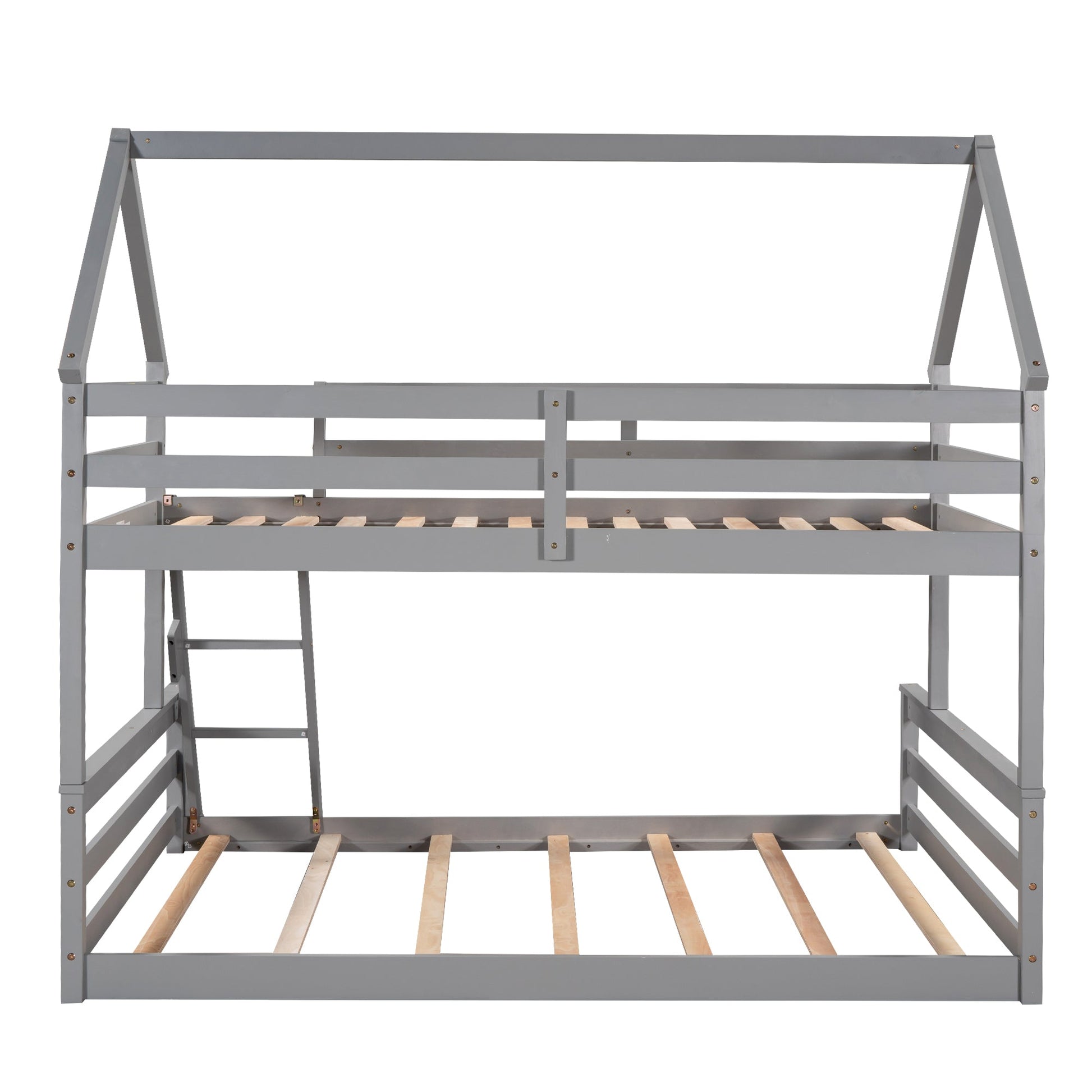 Twin over Full House Bunk Bed with Built-in Ladder Gray - Korvel