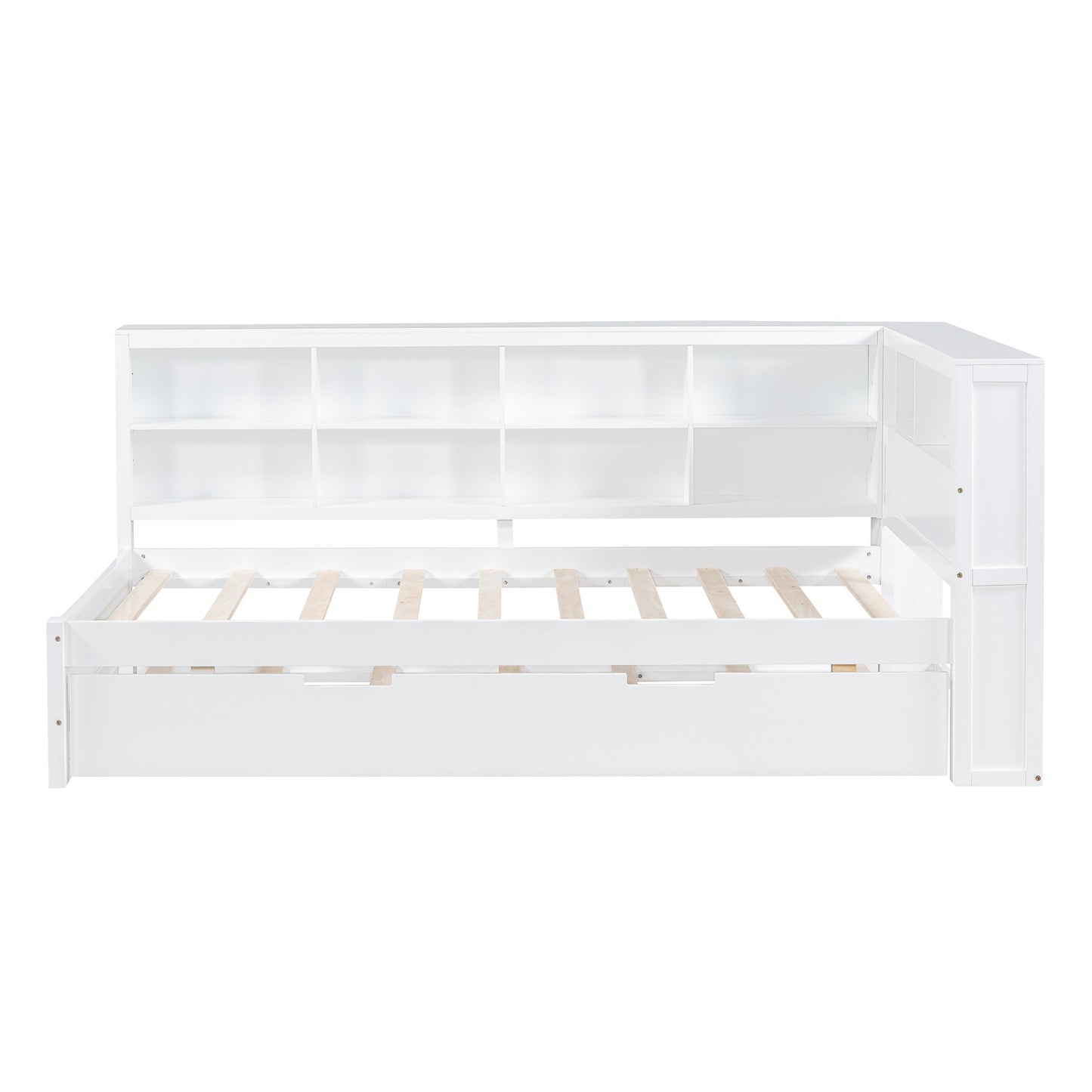 Wooden Twin Size DayBed with Twin Trundle, DayBed with Storage Shelf and USB Charging Ports,White - Korvel