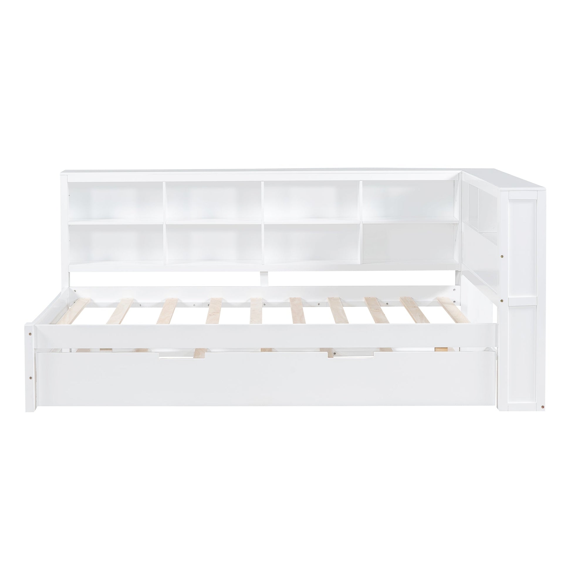 Wooden Twin Size DayBed with Twin Trundle, DayBed with Storage Shelf and USB Charging Ports,White - Korvel