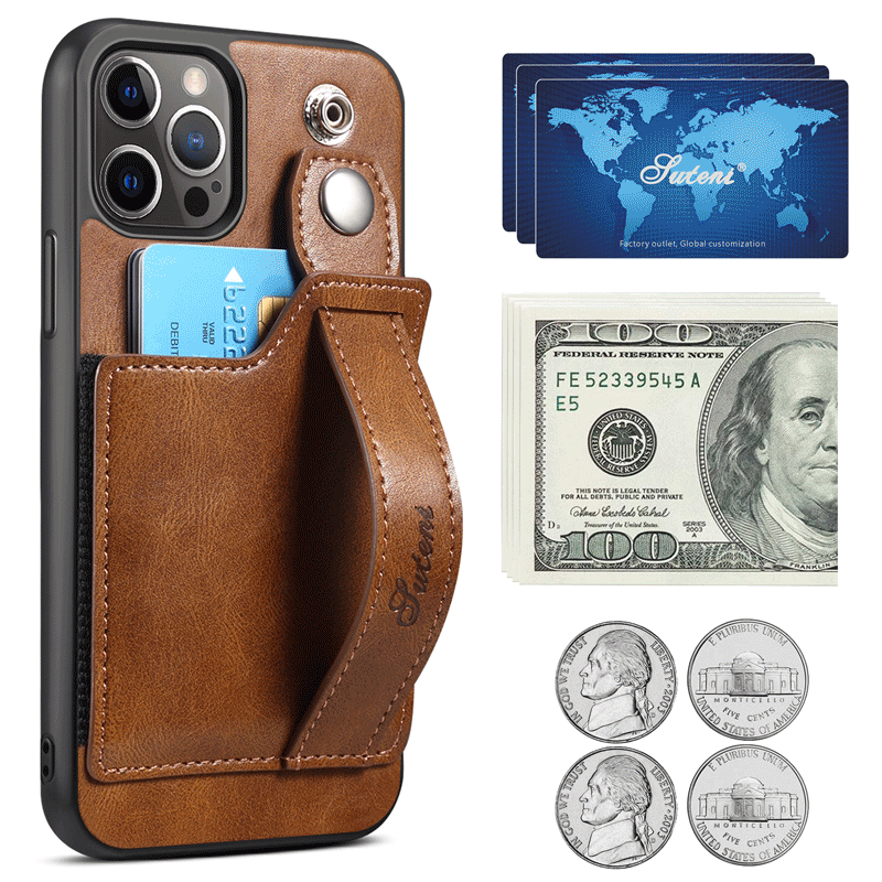 For iPhone 14ProMax Mobile Phone Case Apple iPhone 14Pro Plug-In Card Leather Case Wrist With Back Cover Type Protective Case - Korvel