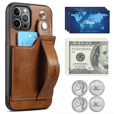 For iPhone 14ProMax Mobile Phone Case Apple iPhone 14Pro Plug-In Card Leather Case Wrist With Back Cover Type Protective Case - Korvel
