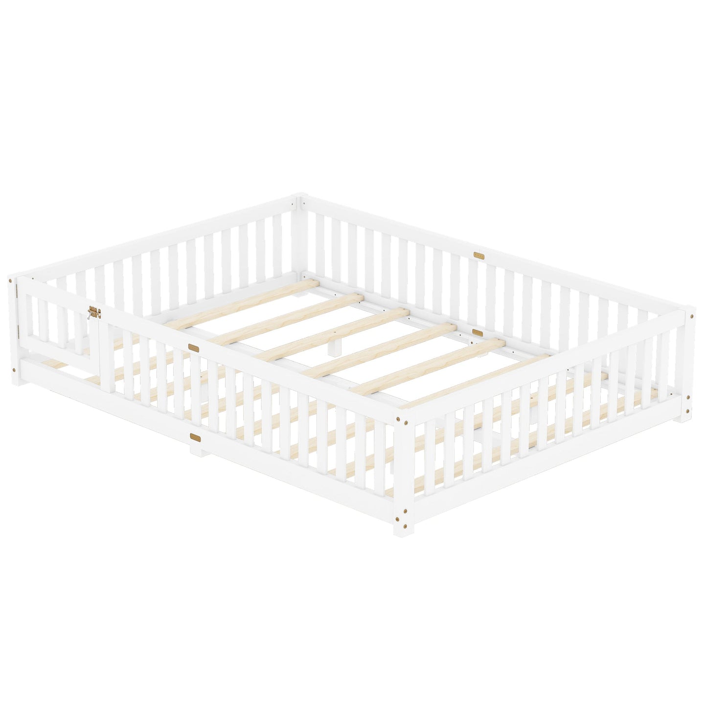 Queen Size Bed Floor Bed with Safety Guardrails and Door for Kids, White - Korvel
