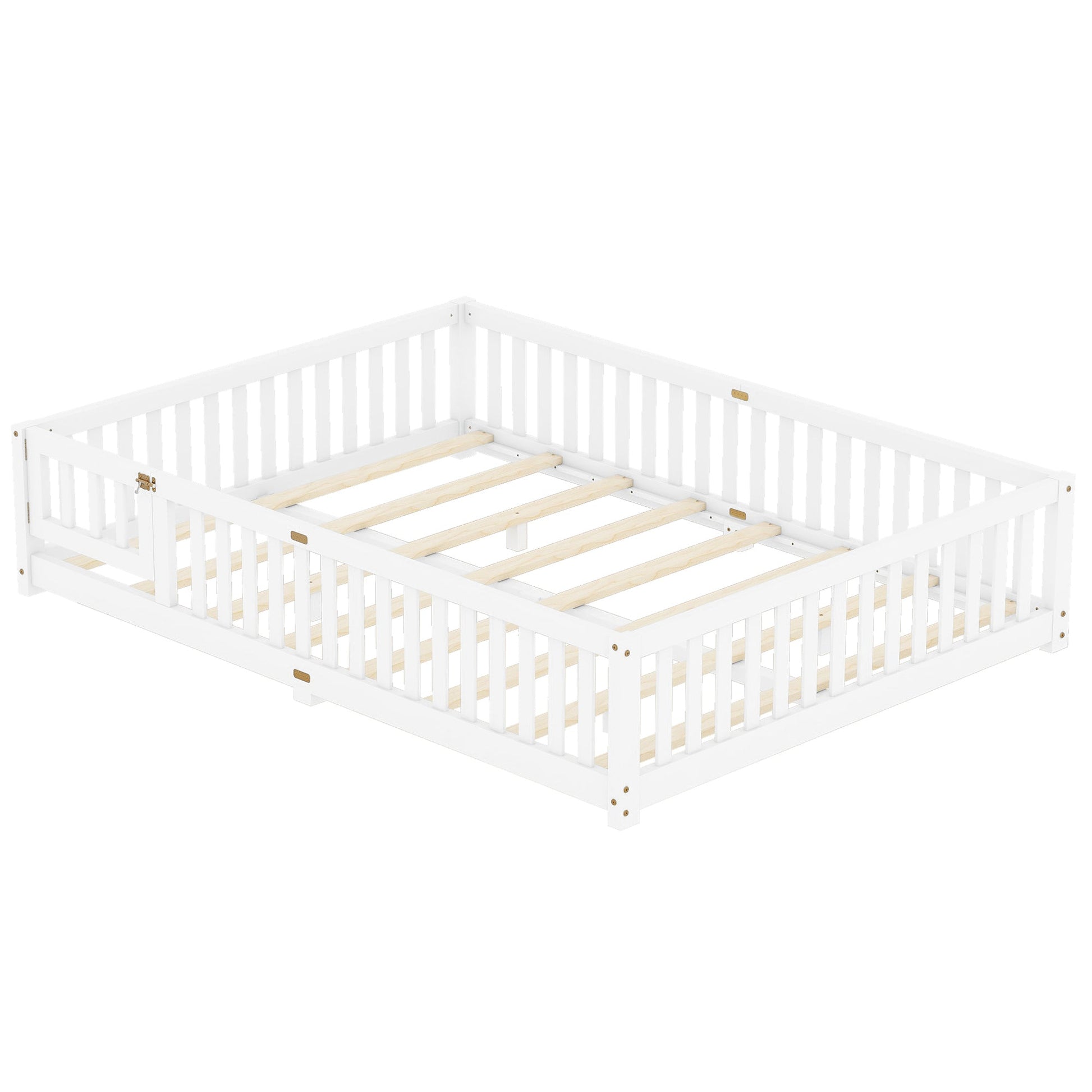 Queen Size Bed Floor Bed with Safety Guardrails and Door for Kids, White - Korvel