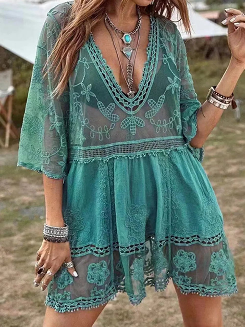 Sexy lace loose beach vacation hooded skirt bikini jacket swimsuit women - Korvel