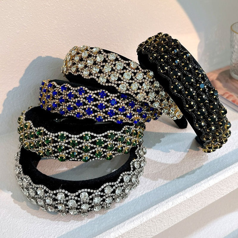 Full inlaid rhinestone fashionable wide edged solid color sponge head hoop - Korvel