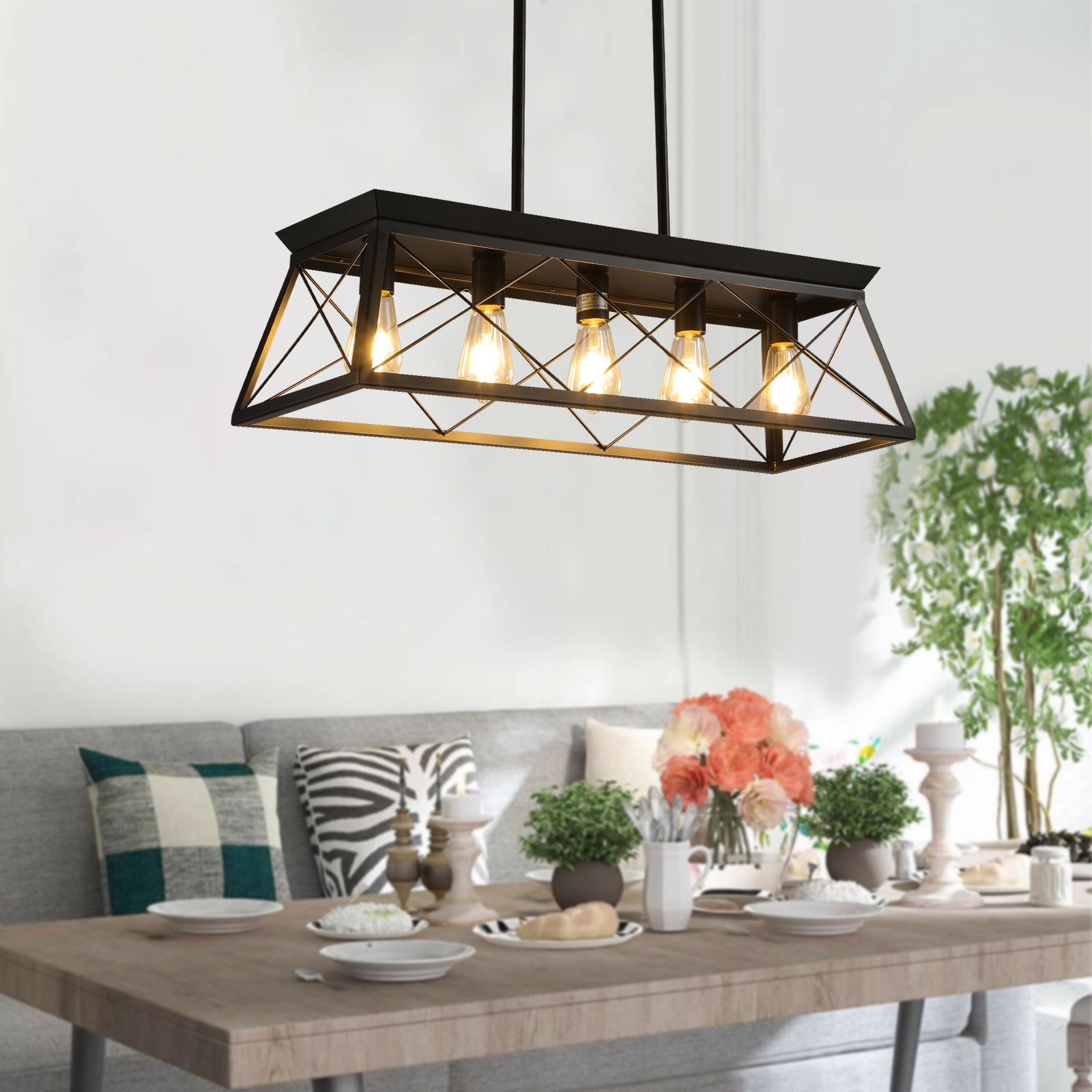 5-light farmhouse pendant light, metal pendant light island fixture, modern rectangular island light, pure black (no bulb) - Korvel
