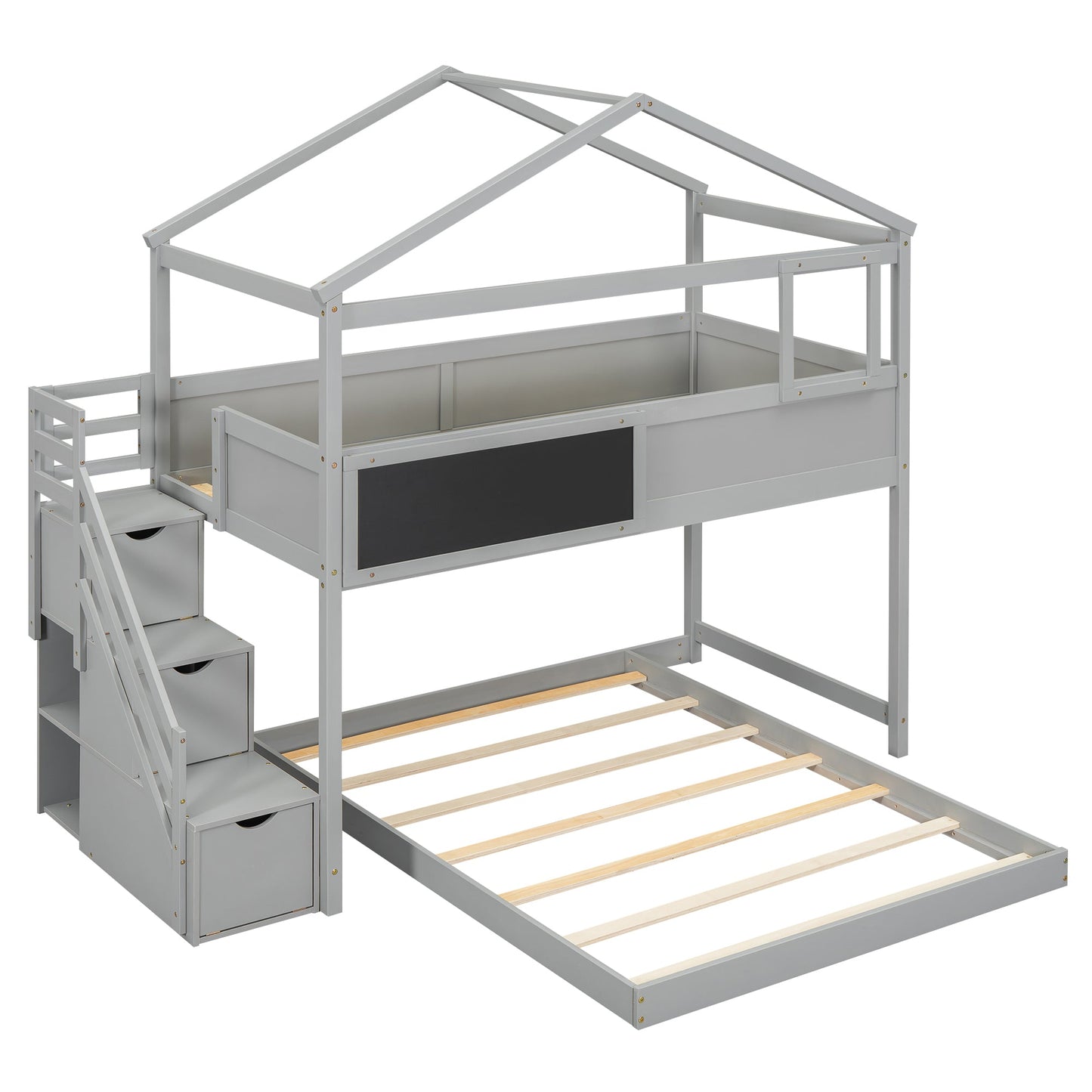 Twin over Full House Bunk Bed with Storage Staircase and Blackboard Gray - Korvel