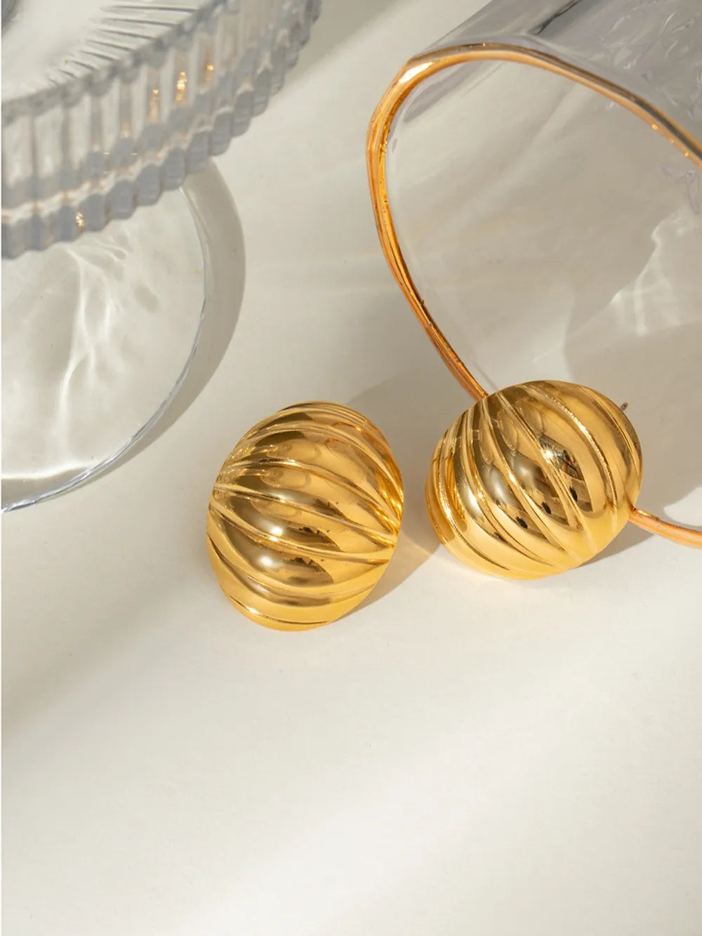 18K Gold-Plated Stainless Steel Ribbed Earrings - Korvel