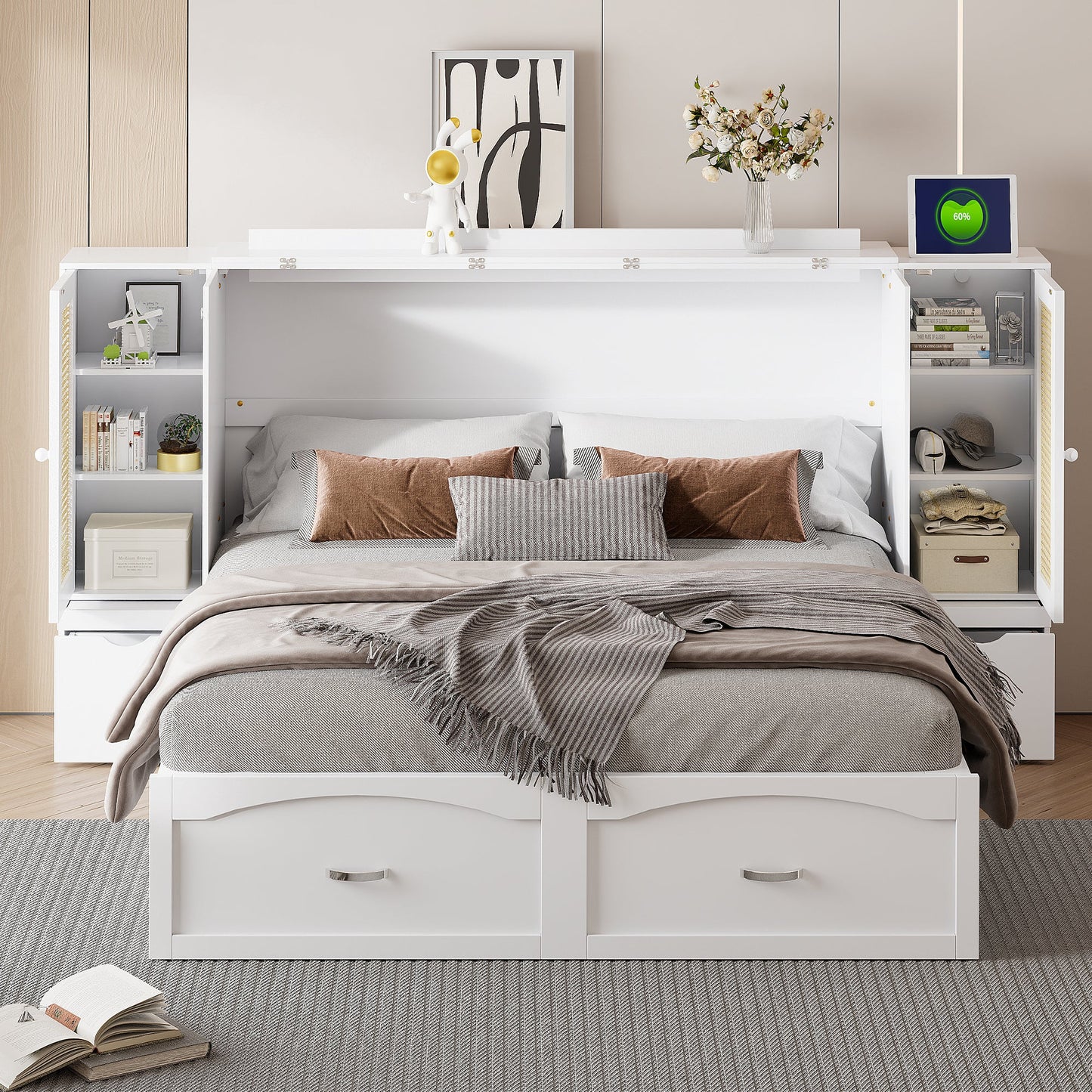 Cama Murphy Grande Blanca con Cajones y Armarios de Almacenamiento