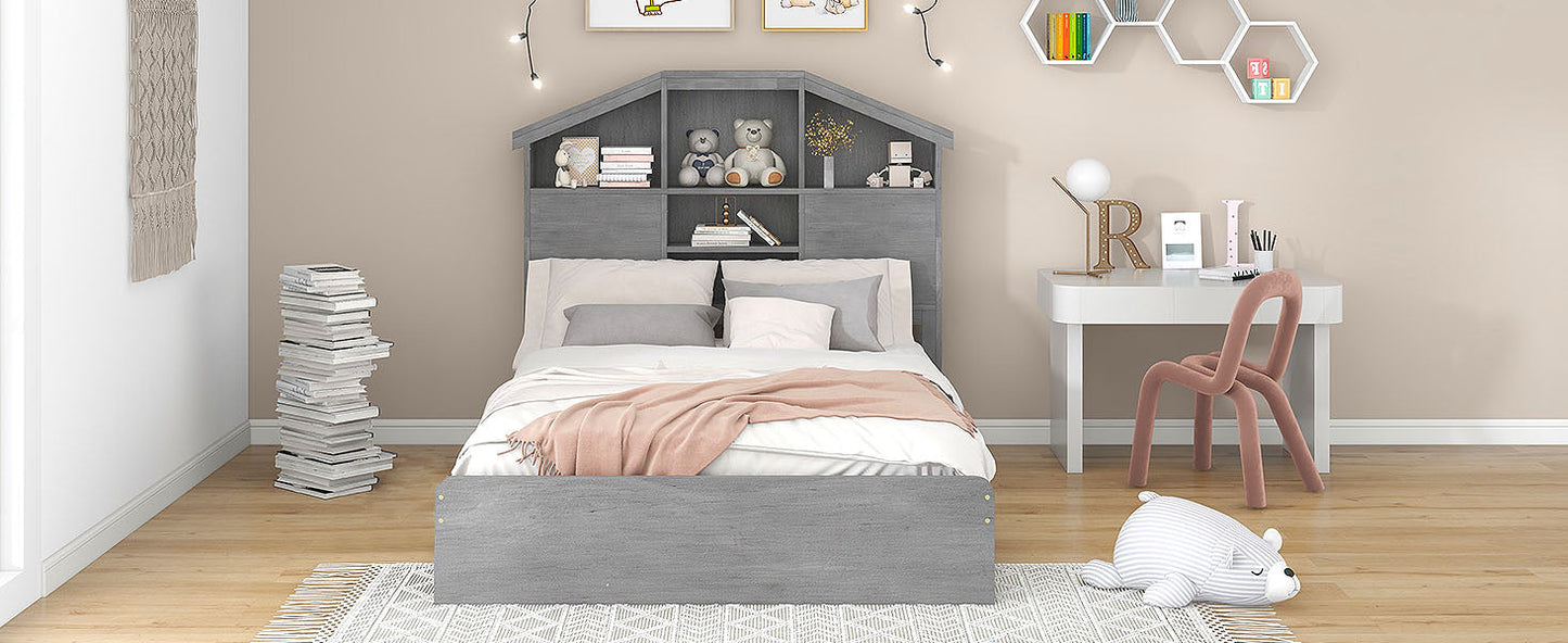 Full Size Wood Platform Bed with Storage Headboard - Gray