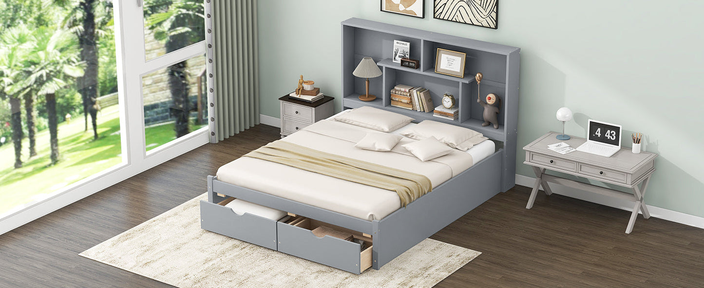 Elegant Queen Size Platform Bed with Storage Headboard, Gray