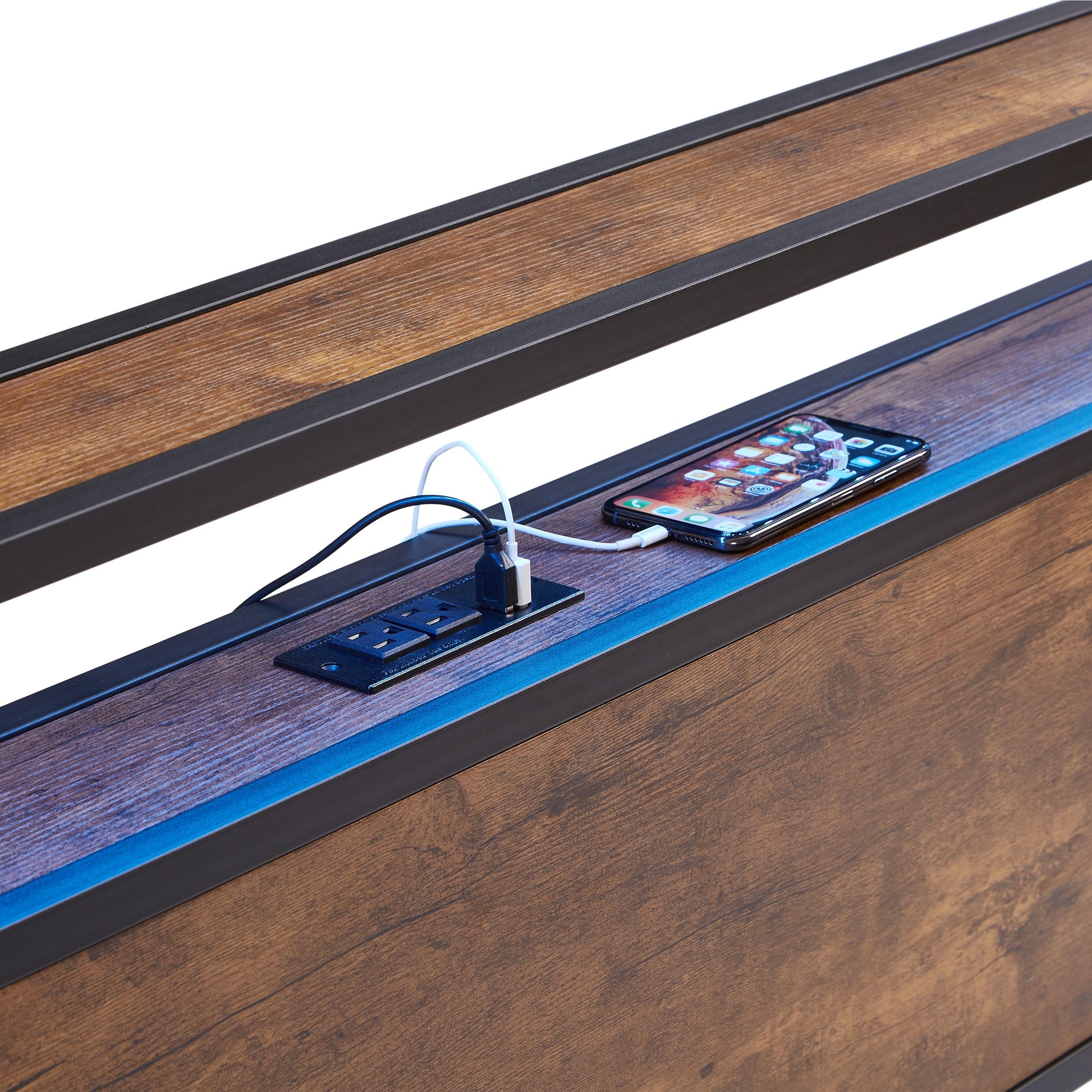 Large metal platform bed frame with wooden headboard and footboard with USB LINER and LED lights - Korvel